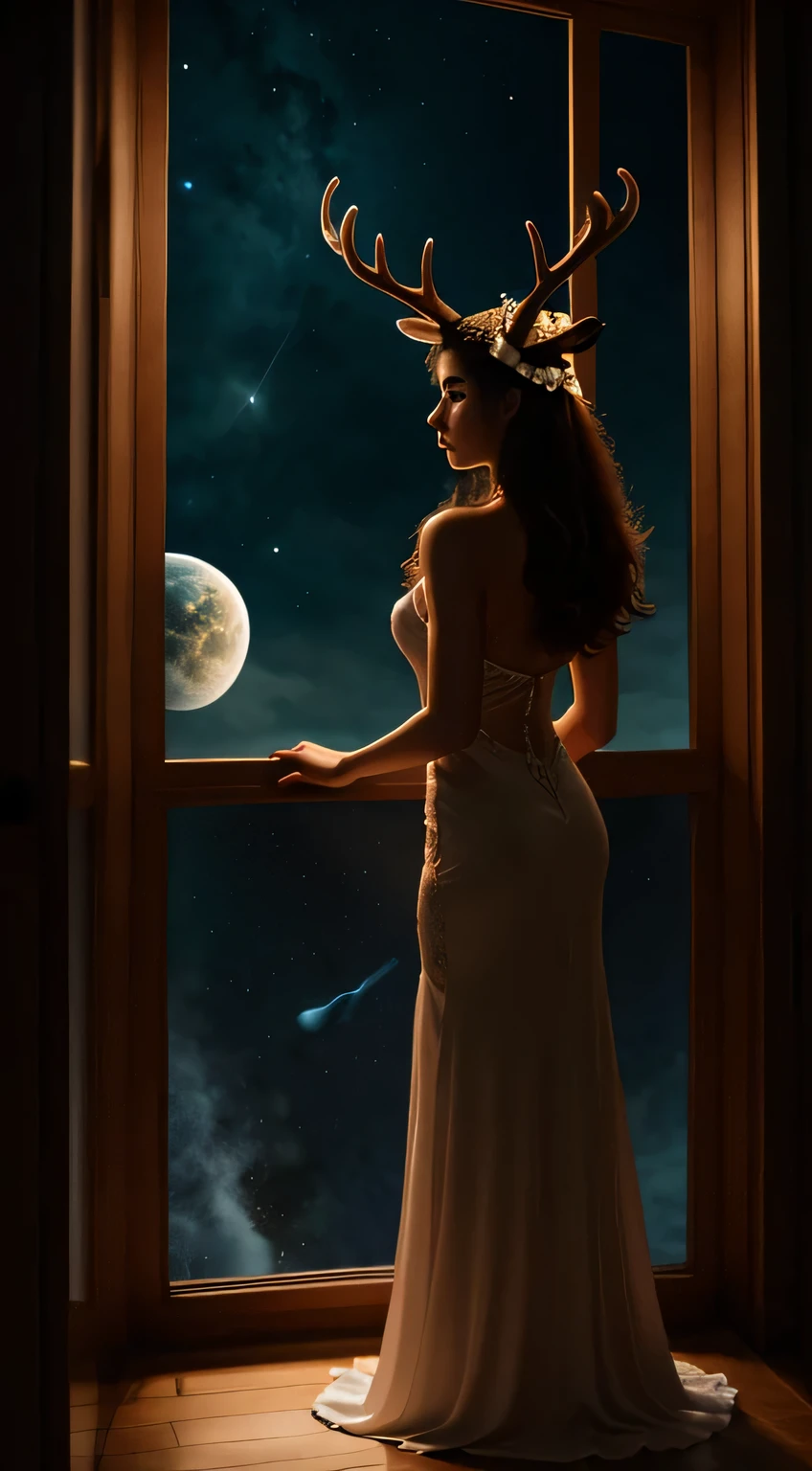masterpiece, top quality, extreme details, soft skin, pefect hands, beautiful face, bewitching pose, full body girl facing away, wolf stands next to her, antlers on her head, planets outside the window in front of her, fantasy style