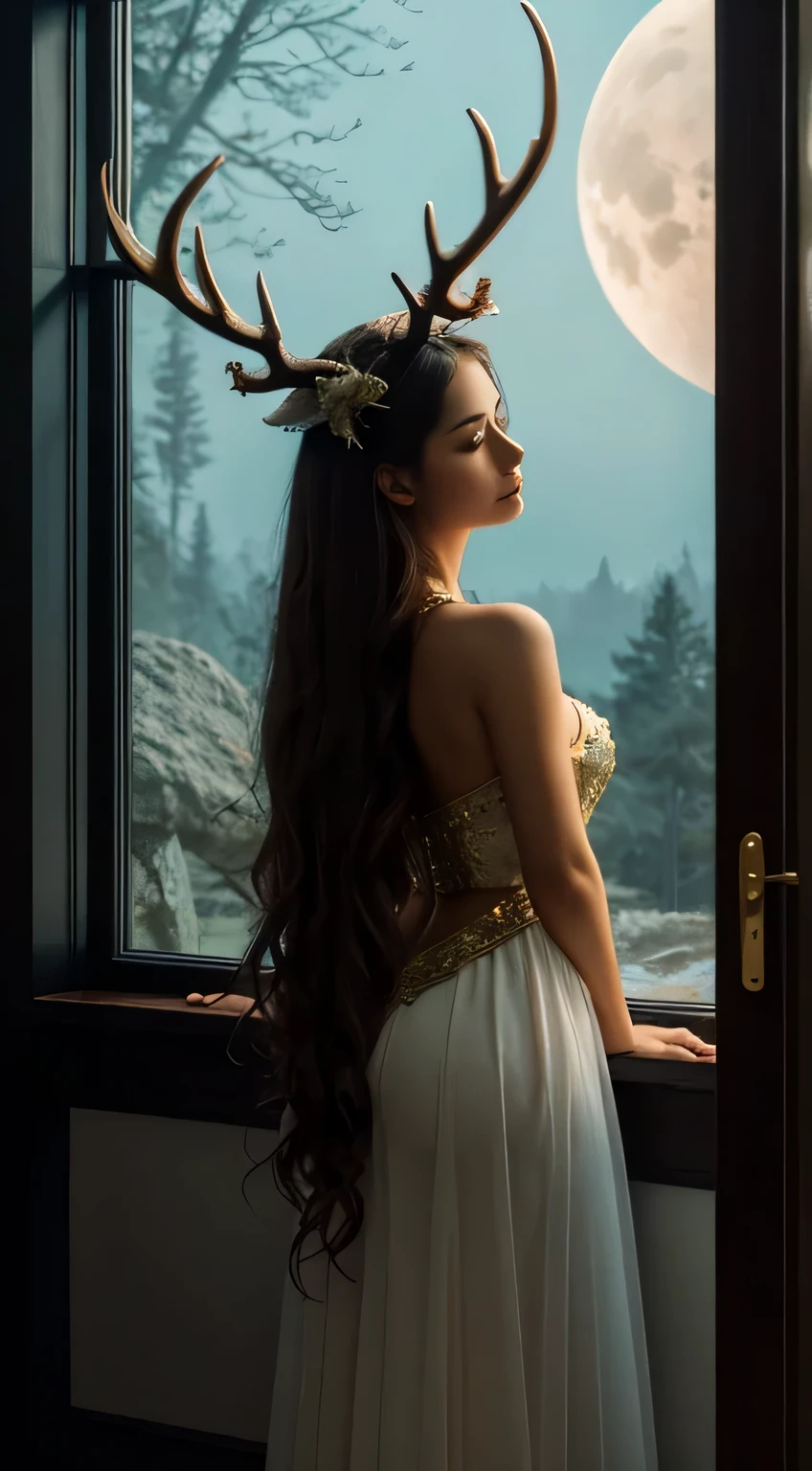 masterpiece, top quality, extreme details, soft skin, pefect hands, beautiful face, bewitching pose, full body girl facing away, wolf stands next to her, antlers on her head, planets outside the window in front of her, fantasy style