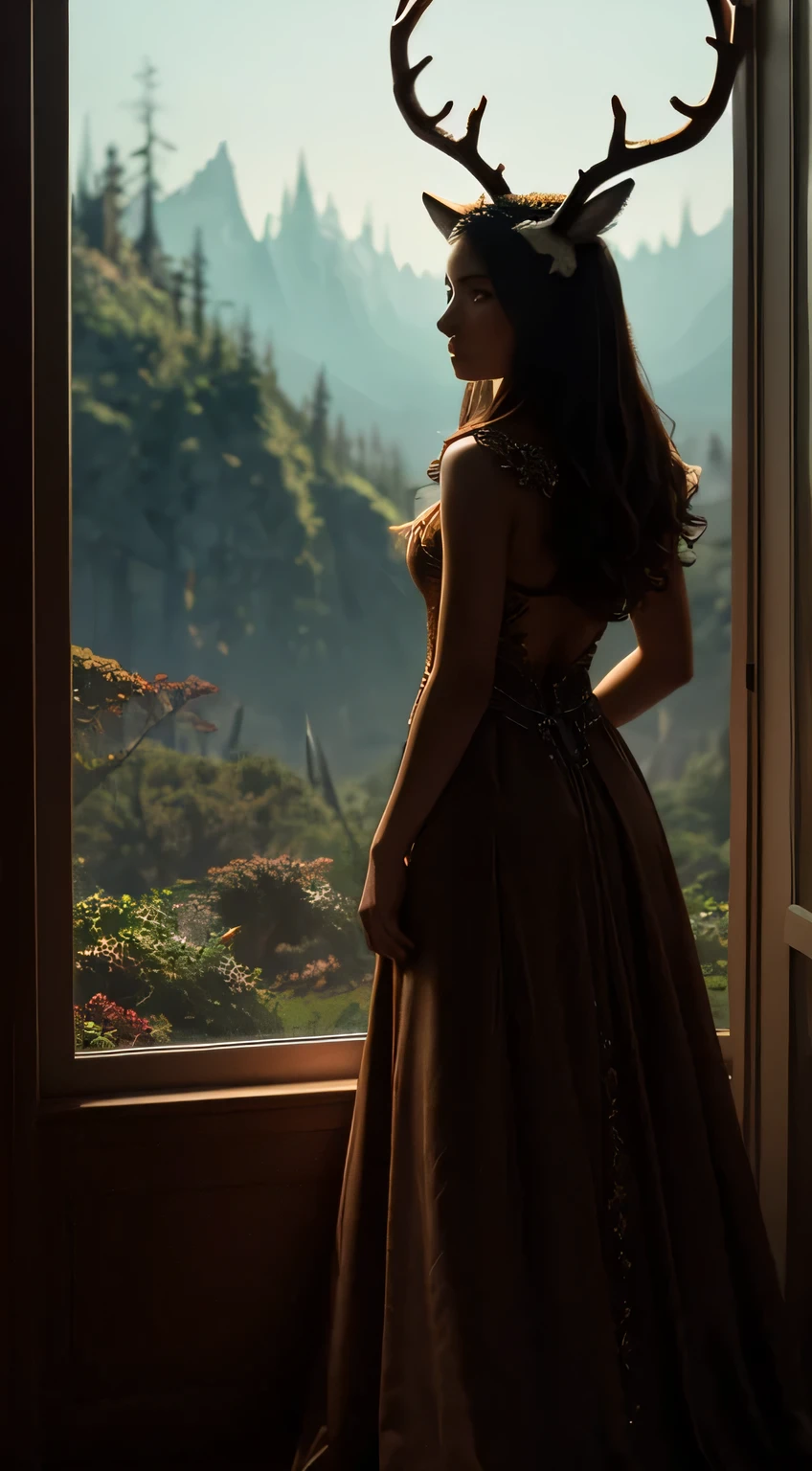 masterpiece, top quality, extreme details, soft skin, pefect hands, beautiful face, bewitching pose, full body girl facing away, wolf stands next to her, antlers on her head, planets outside the window in front of her, fantasy style