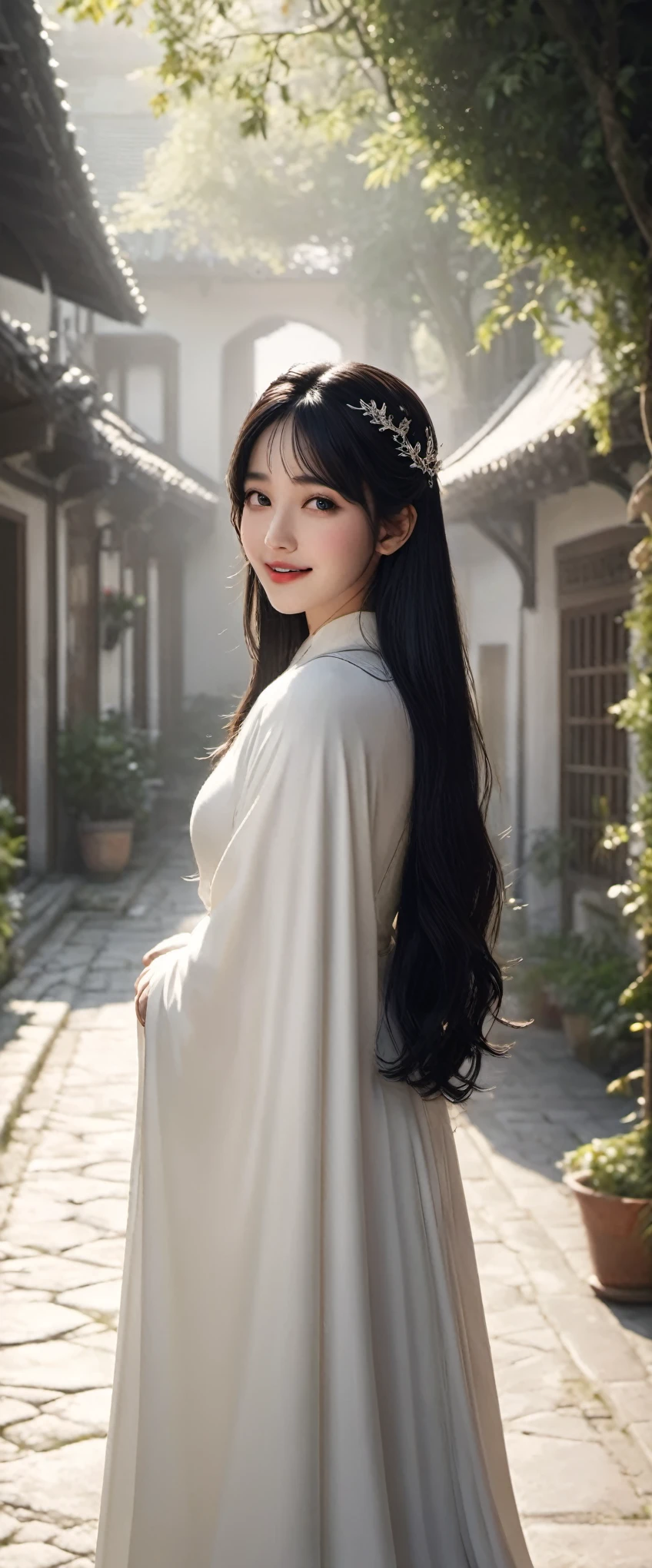 Once upon a time, live the beautiful princess, with white dress and cloak, long black hairs, crown on the head, waiting someone for a love, she have beautiful smile, courtyards, full body, (Masterpiece), (best quality), (high quality), (extremely detailed) CG unity, 8k wallpaper, (cinematic angle)