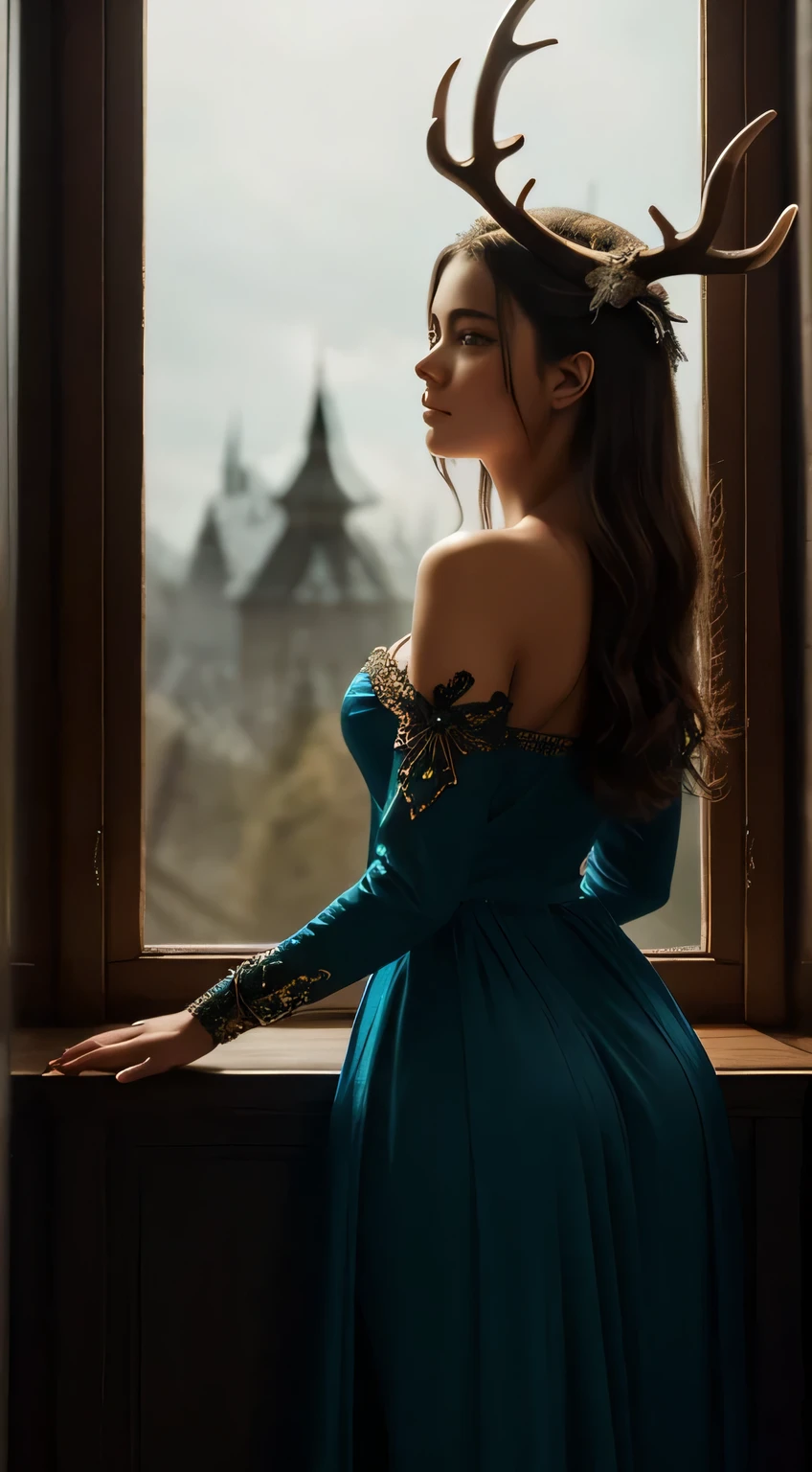 masterpiece, top quality, extreme details, soft skin, pefect hands, beautiful face, bewitching pose, full body girl facing away, wolf stands next to her, antlers on her head, planets outside the window in front of her, fantasy style