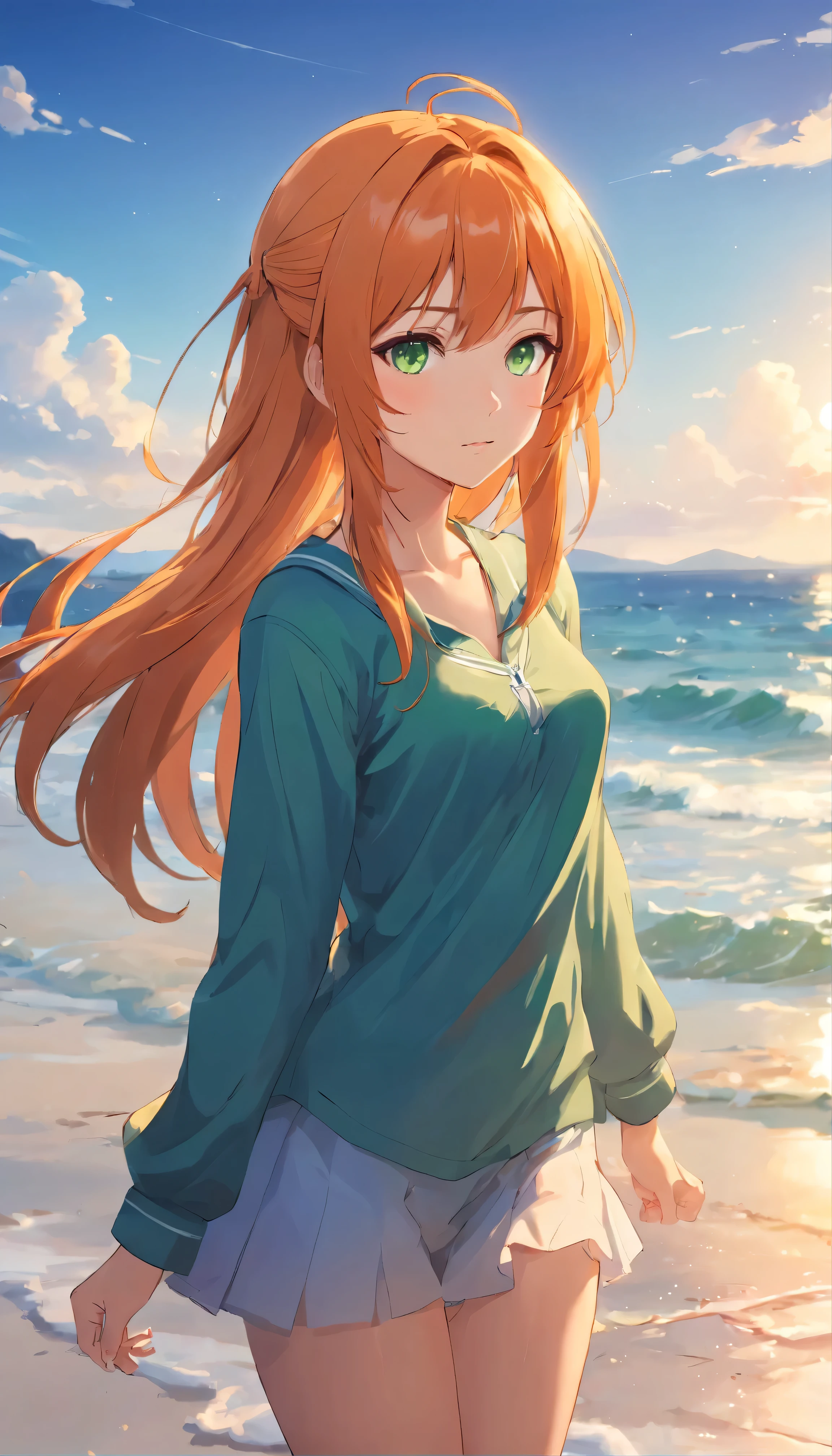 Anime girl with long orange hair, standing on the beach near the ocean, green eyes detailed digital anime art, anime girl with long hair, гладкое аниме cg art, anime girl with long hair, digital anime art, work in Guweiz style, Beautiful anime portrait, Photorealistic render of an anime girl, pantyhose, Beautiful anime girl, advanced digital anime art, guweiz на artstation pixiv HD UHD HQ