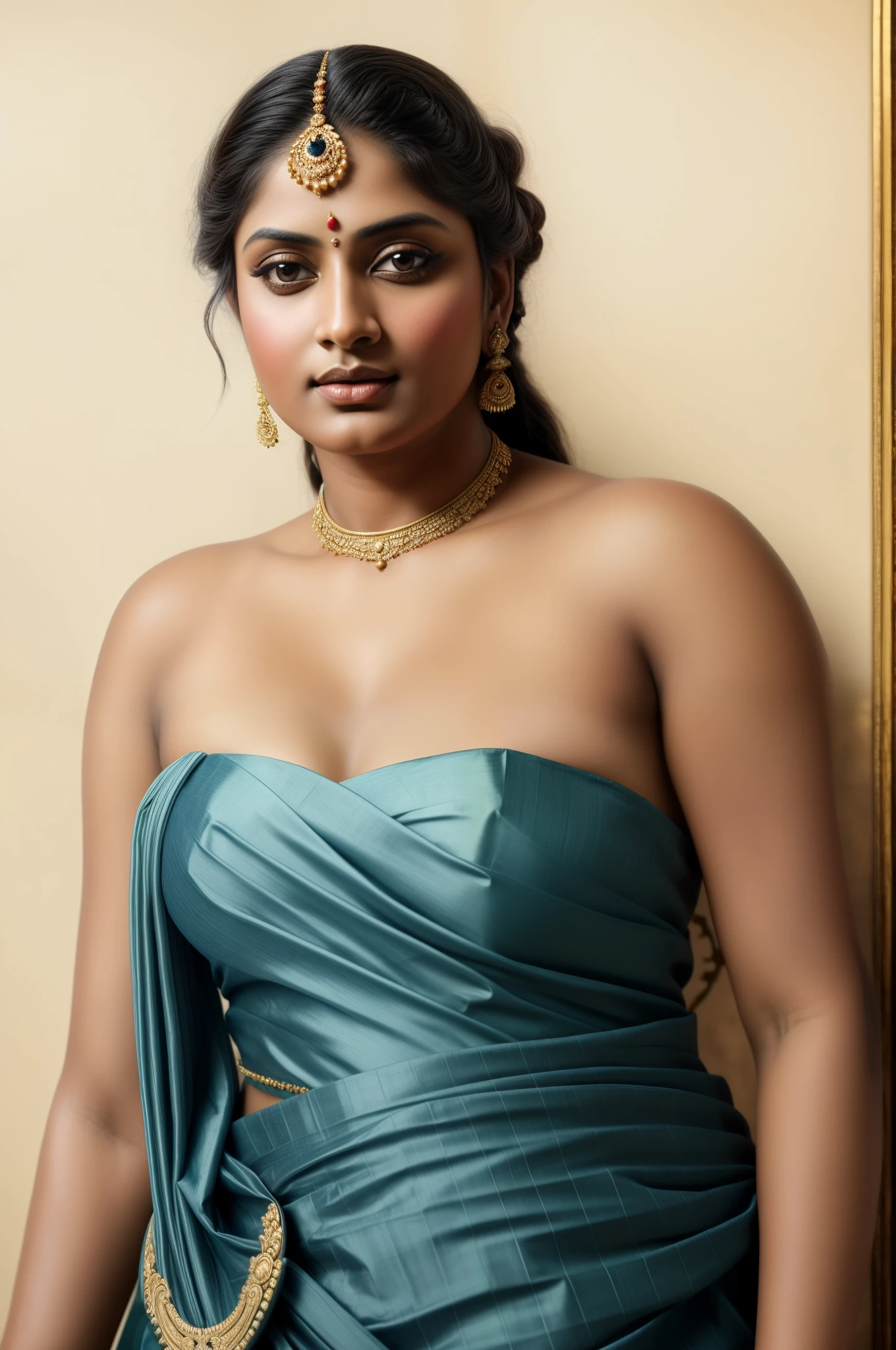 Beautiful Indian Woman, wearing saree, sari Beauty, gorgeous, Apsara, Maharani, royal queen woman, nymph from Hindu Mythology, Urvashi, matchless beauty, Highly detailed, Oil Painting by Peter Paul Rubens inspired by Raja Ravi Varma, Matchless beauty, captivating, gorgeous, heavenly beauty, celestial beauty, by Peter Paul Rubens, 1893, realistic, hyper realistic, micro details, incredible artwork, insane details, ultra High resolution, 8k, 32k, acrylic on canvas, intricate, flawless, detailed, detailed face, detailed eyes, masterpiece, by Peter Paul Rubens, by Caravaggio, by William Adolphe bouguereau, perfect face, perfect body, beautiful art, realism, baroque, renaissance Art, highly textured, beautiful and detailed eyes, uhd, best quality,