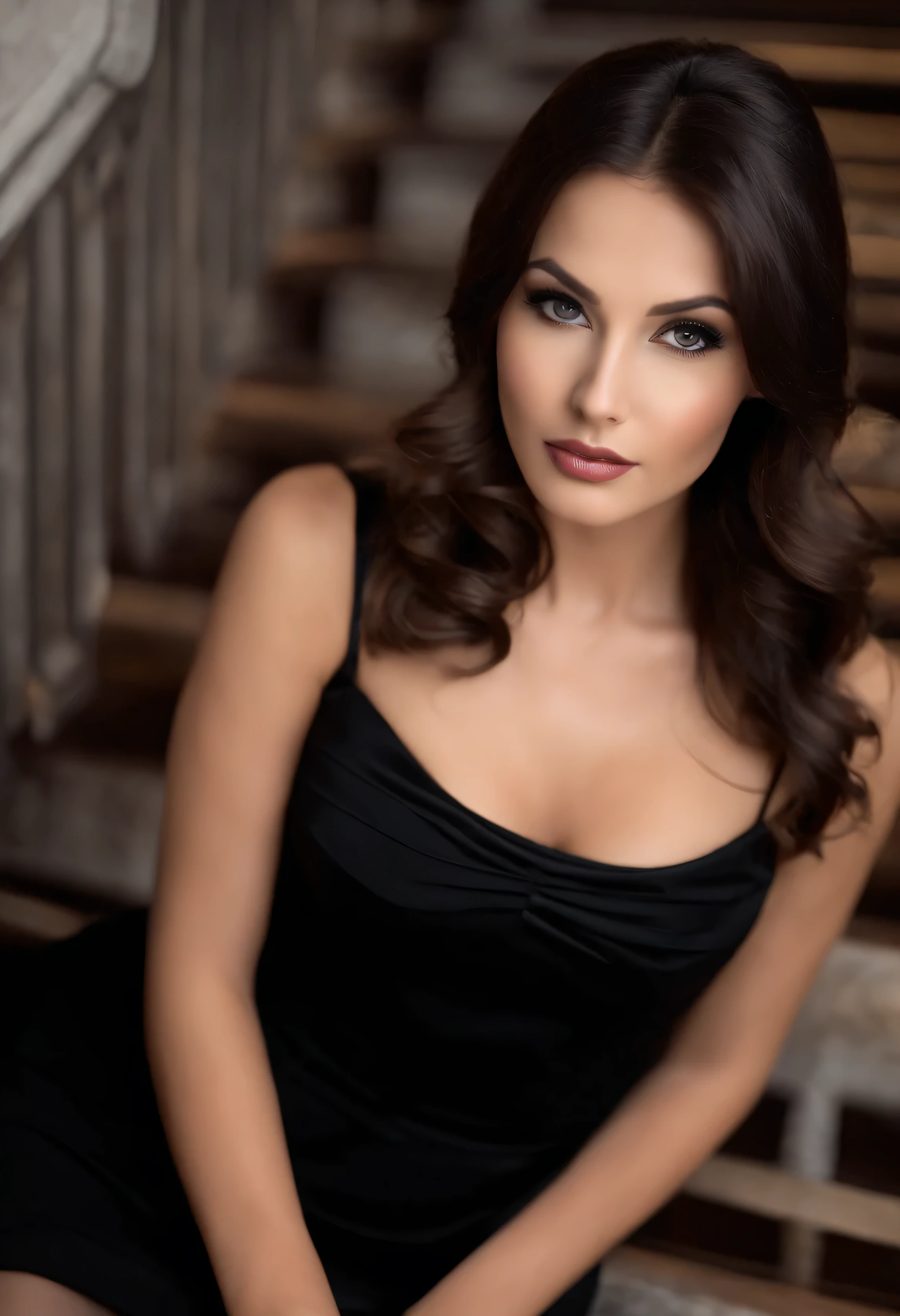 beautiful brunette in a short black dress sits on the stairs with black stockings, gorgeous brunette, tight outfit, brunette, nice woman, in a tight black dress, Oriental girlfriend, brunette and attractive facial features, attractive girl, beautiful brunette with clear eyebrows