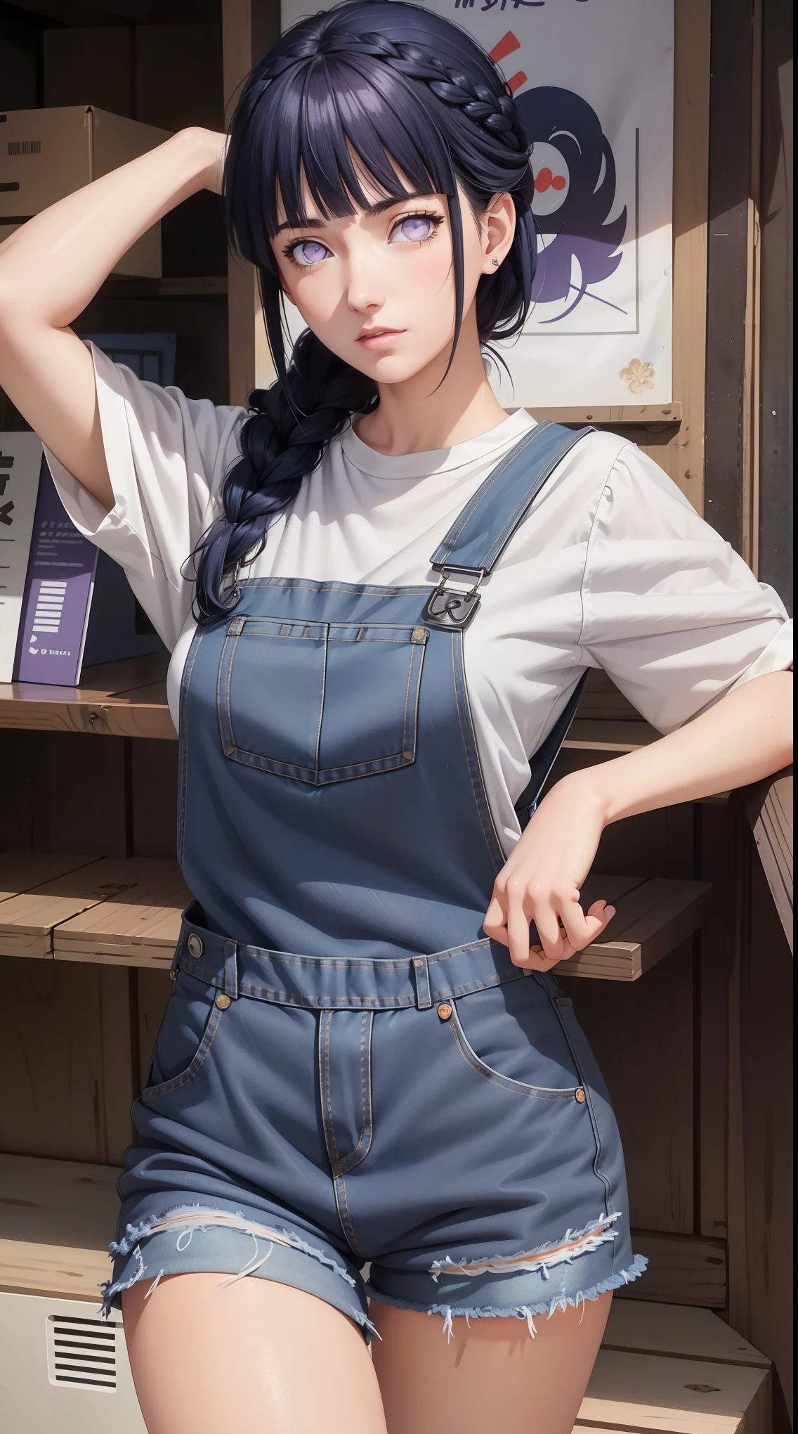 masterpiece, best quality, ultra-detailed, illustration,1girl,
long hair, dark blue hair, french braid, purple eyes, blunt bangs, 
shirt, (denim overalls:1.1),
medium breast,  
looking at viewer, hinata\(shippuden\)