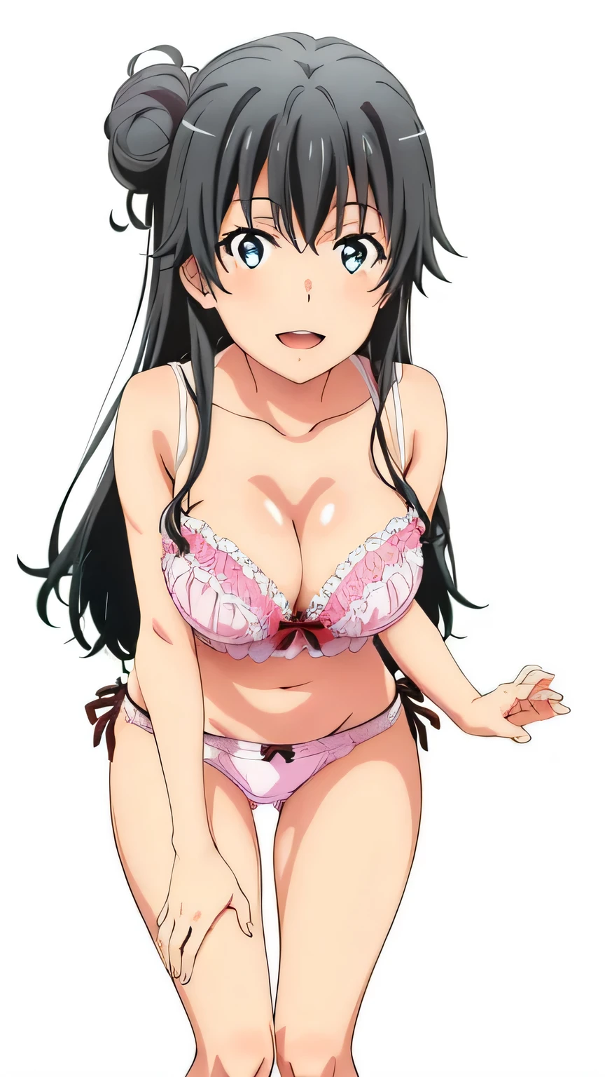 ((2 girls:1.0)), (Yuigahama Yui shapely breasts),(Yukinoshita Yukino),pin up,white ruffle underwear,pink lace underwear,(Beautiful panties),thighs ,knees,front,looking at camera,(high angle),smile,open your mouth,Panoramic view of the head,beautiful eyes