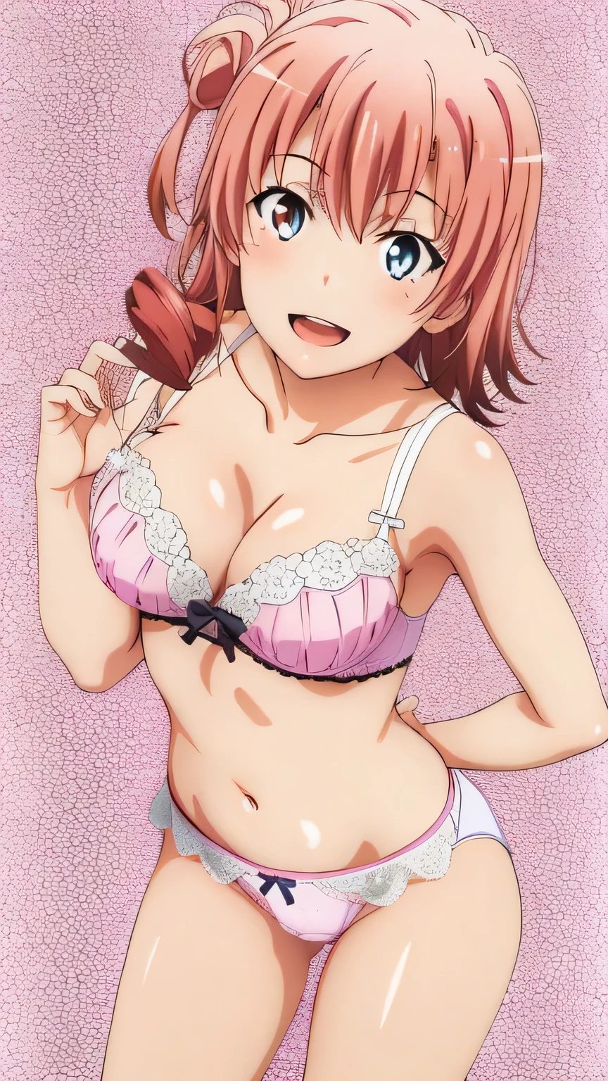 ((2 girls:1.0)), (Yuigahama Yui shapely breasts),(Yukinoshita Yukino),pin up,white ruffle underwear,pink lace underwear,(Beautiful panties),thighs ,knees,front,looking at camera,(high angle),smile,open your mouth,Panoramic view of the head,beautiful eyes