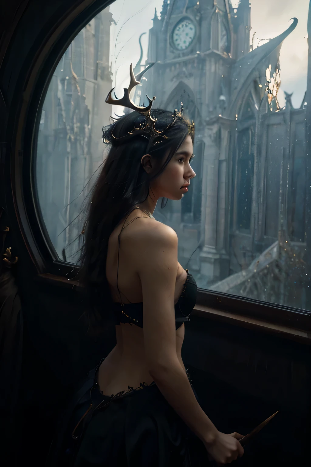 dark, masterpiece, fantasy, top quality, extreme details, soft skin, perfect hands, beautiful face, bewitching pose, full body, girl facing away, antlers on her head, planets outside the window in front of her
