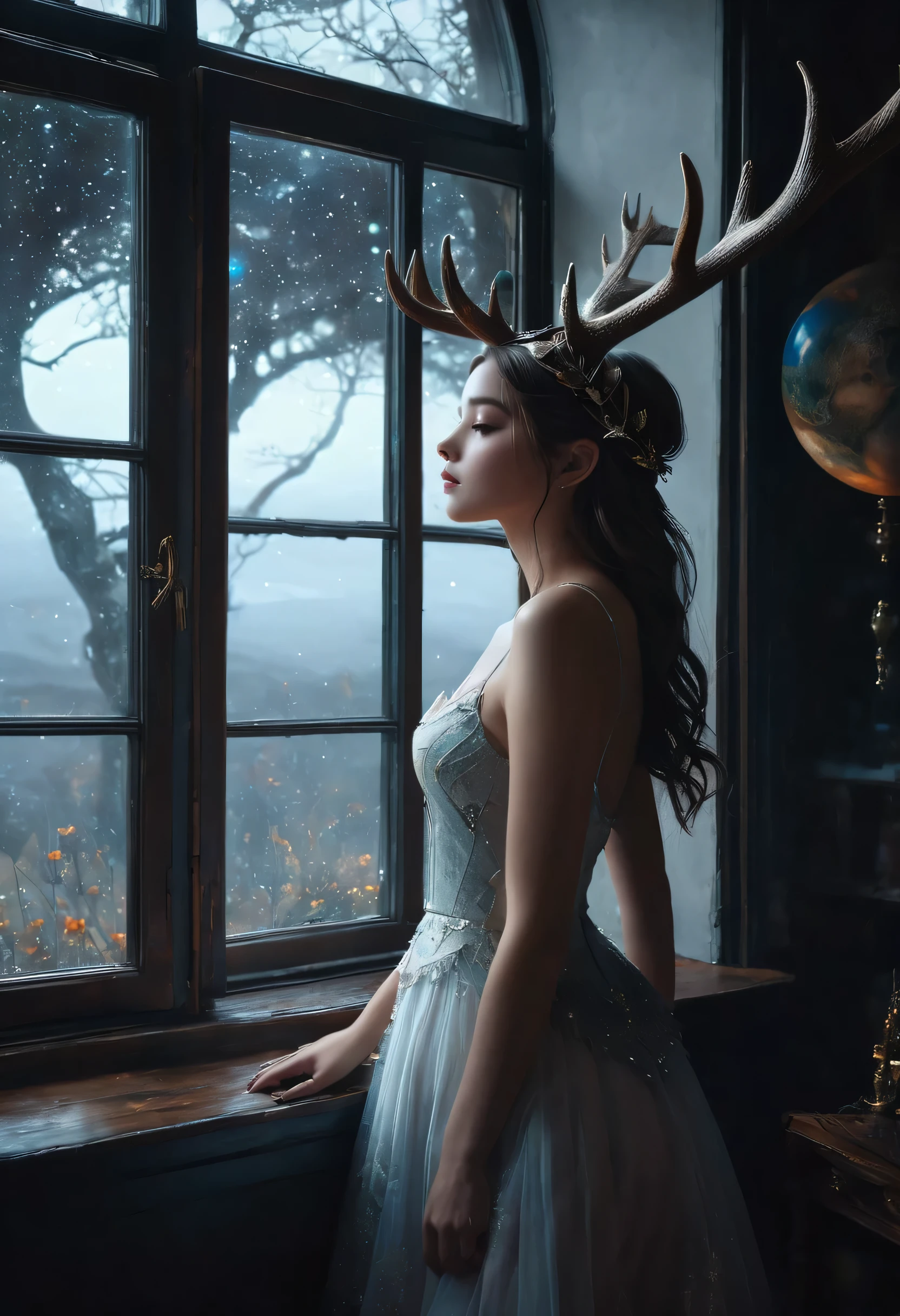 dark, masterpiece, fantasy, top quality, extreme details, soft skin, perfect hands, beautiful face, bewitching pose, full body, girl facing away, antlers on her head, planets outside the window in front of her