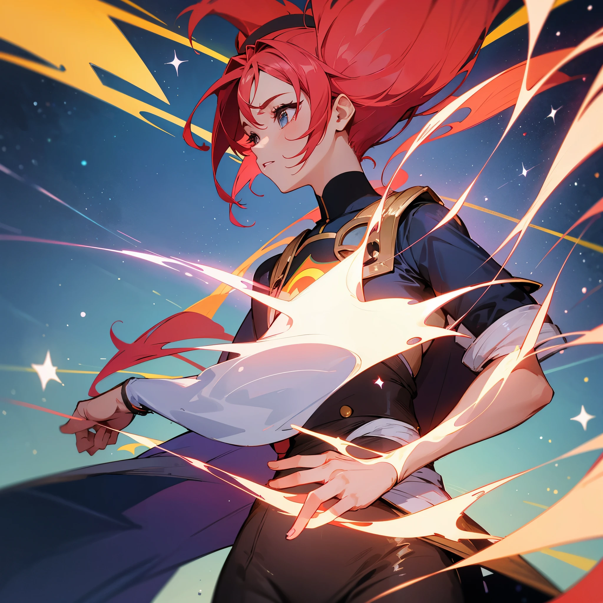 garota de anime peituda, cabelo rosa curto sidecut, olhos pretos, pele rosa, with a super short super hero outfit, galaxy color, background of a space, corpo inteiro, detalhado, portrait, Full HD, bonito,