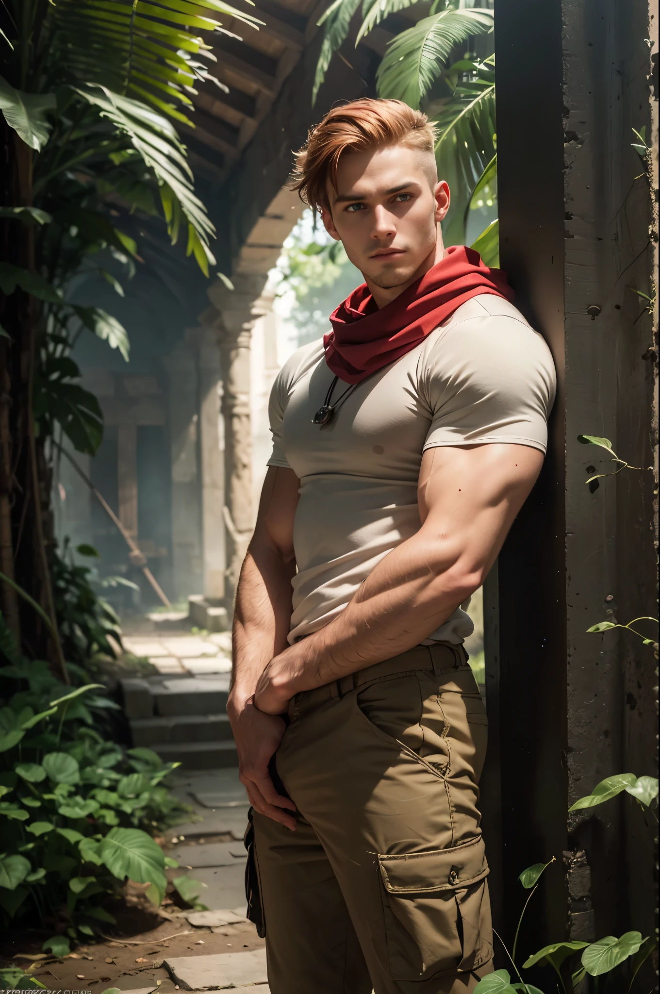 1 muscular male, 22yo, shaggy red hair, blue eyes, muscular, wearing beige cargo pants, wearing beige safari shirt, wearing red bandana, (adventurer), ultra high resolution, detailed face, jungle background, ancient ruins, dynamic lighting, lights, volumetric light, realistic, intricate details, everything in razor sharp focus, male focus, solo, Photograph, masterwork, 12K, ultra-defined, intricate details, absurdres, hyper-detailed, particle effects, tyndall effect
