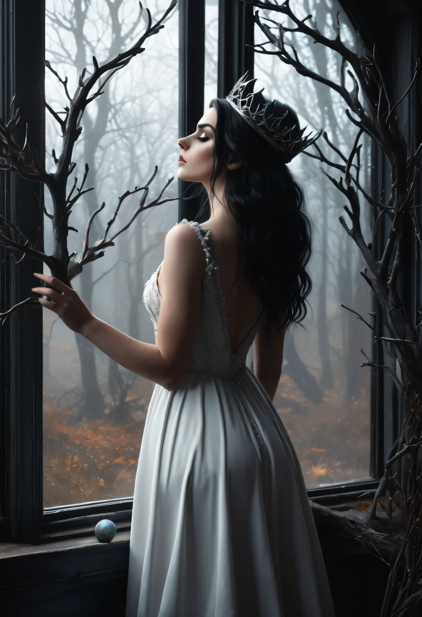 dark, fantasy style, rustic, top quality, extreme details, soft skin, perfect hands, beautiful face, black hair, bewitching pose, full body white girl facing away, black dress, a crown of branches on her head, wolf stands next to her, planets outside the window in front of her,