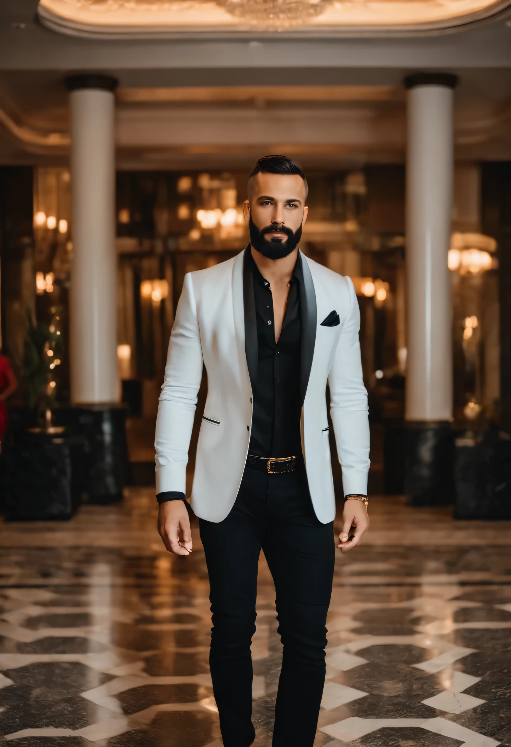 a 35-year-old Brazilian man, crew cut  very short hair, wearing a beard, dressed in a black haute couture shirt and jeans. In the lobby of a luxurious hotel, a confident demeanor