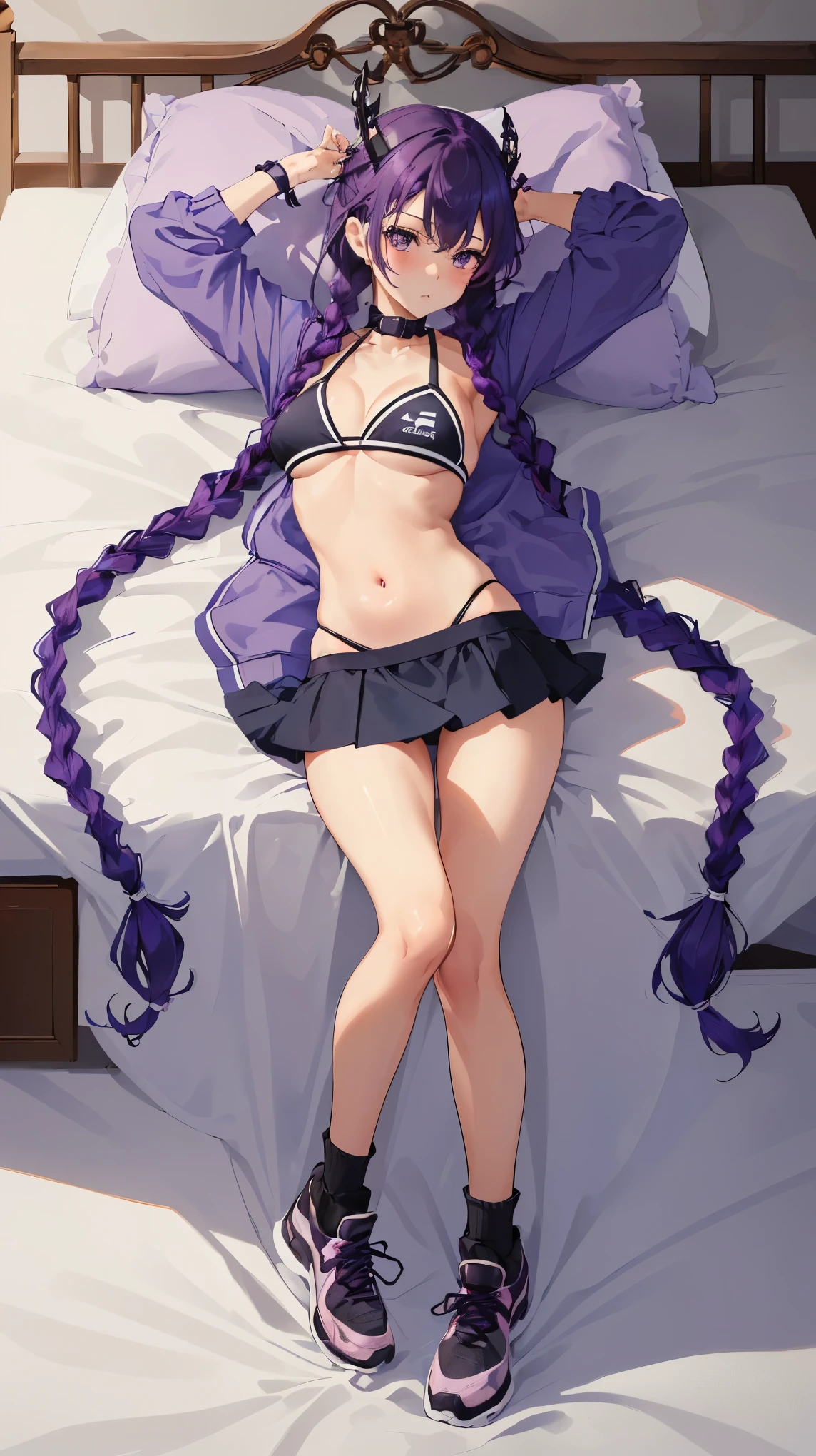 1girl, 8k, best quality, perfect body, UHD, meisterwerk, Beautiful girl, seductive girl, anime-girl, anime stil, ((wearing a sports bikini, wearing a miniskirt)), ((Big , bauchfrei, sportlich, leichte bauchmuskeln, schlank, purple hair, lange haare, has twin braids)), sexy, cute, tsundere, ((liegt auf einem bett)), full body anime pose