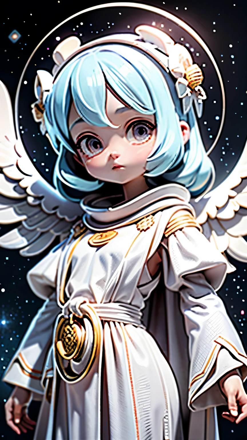 Photo of a being from another dimension wearing an ancient Greek outfit made of white cloth, with shining eyes and with a halo. In space with galaxies and stars in the background