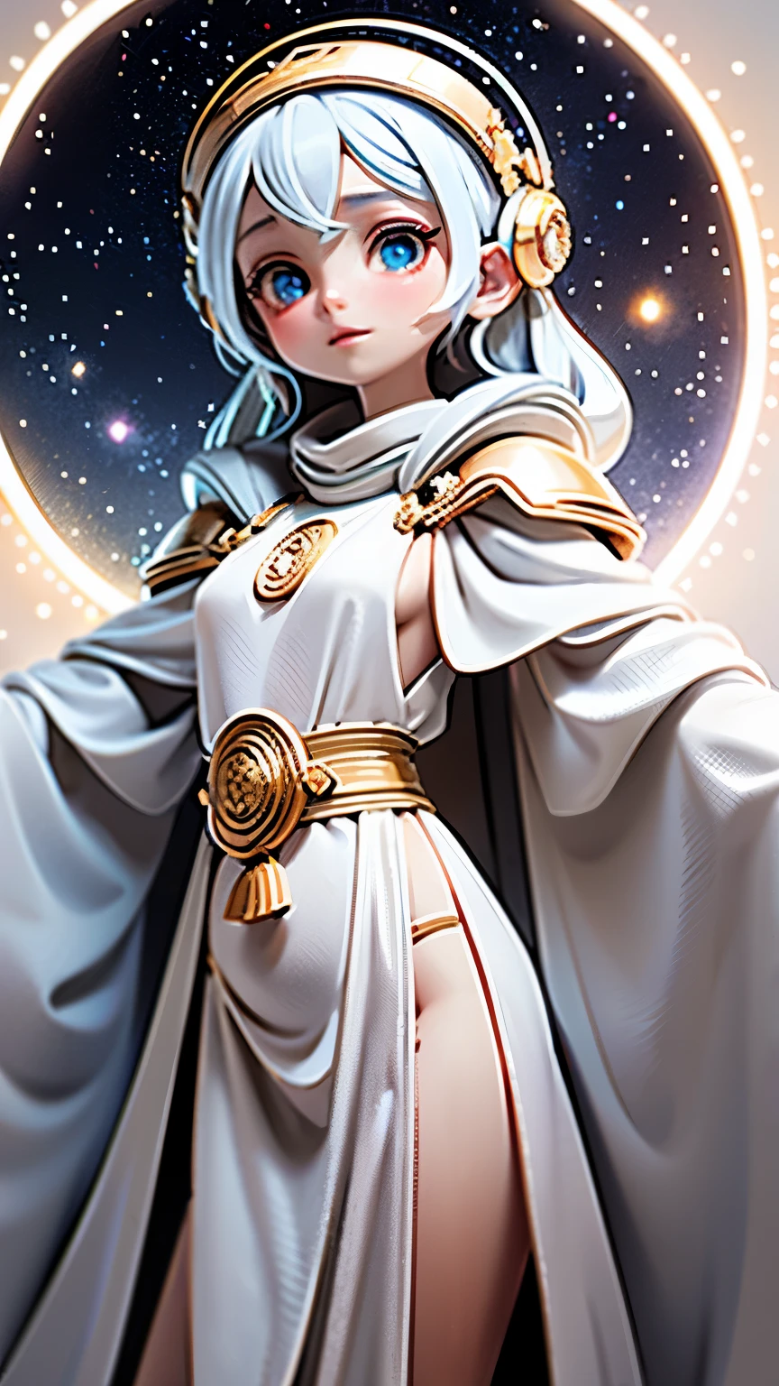 Photo of a being from another dimension wearing an ancient Greek outfit made of white cloth, with shining eyes and with a halo. In space with galaxies and stars in the background