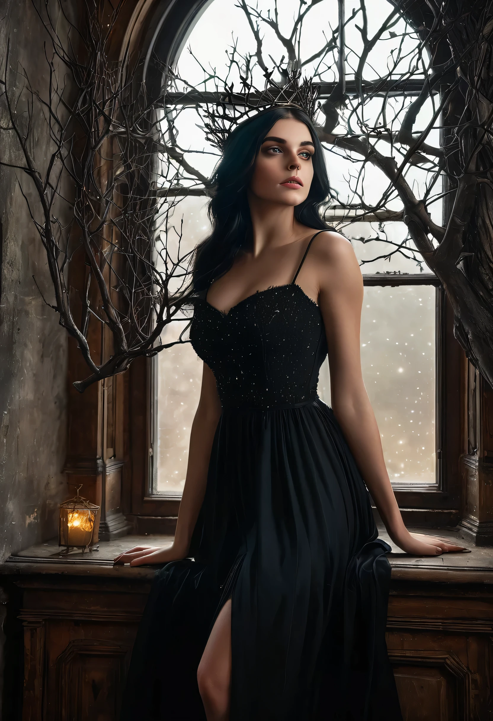dark, masterpiece, fantasy style, rustic, top quality, extreme details, soft skin, perfect hands, beautiful face, black hair, bewitching pose, full body girl facing away, black dress, crown of branches on her head, planets outside the window in front of her,
