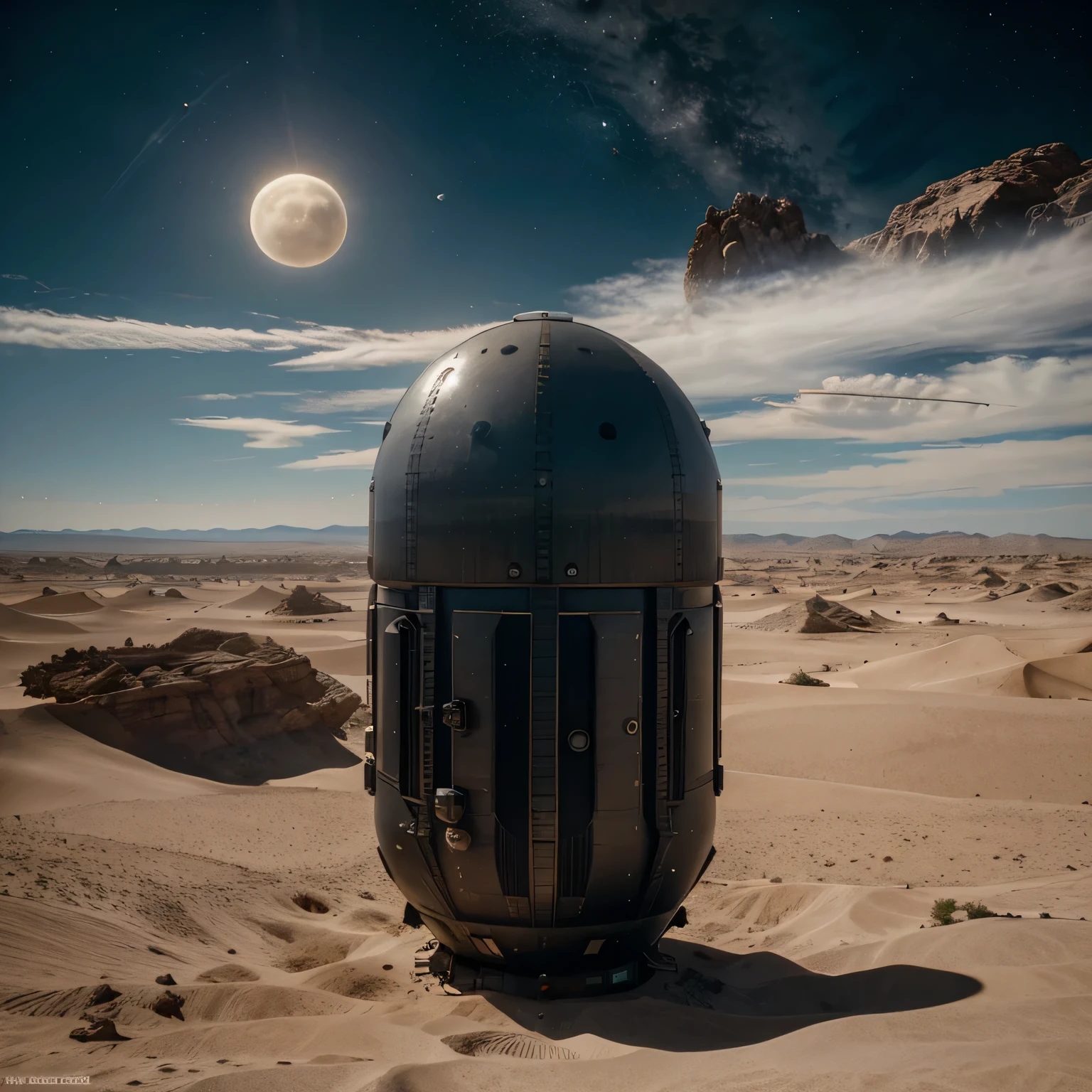 8k masterpiece, ((scene with daylight)), ((soft light)) it is daytime on a totally desert planet and we see the sky with two moons and full of large spaceships with complex structures, celestial landscape, stars and nebulae