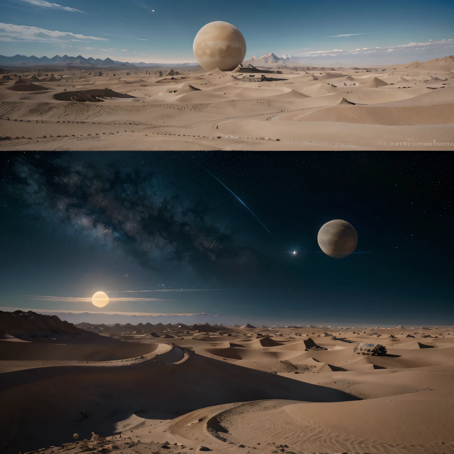8k masterpiece, ((scene with daylight)), ((soft light)) it is daytime on a totally desert planet and we see the sky with two moons and full of large spaceships with complex structures, celestial landscape, stars and nebulae