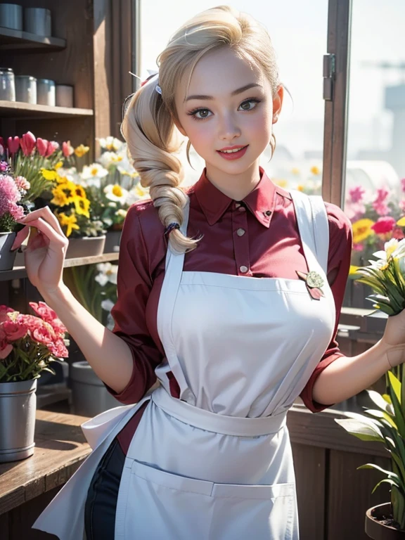 (best quality, 8k, highres, photorealistic:2.0), (solo, one girl:2.0),(lighting: front),(lighting: strong),(ultimate beautiful girl:2.0),(shiny skin),(oily skin),(platinum blonde hair:1.3),(girl tying hair:2.0),(american beauty:2.0),Blush brown makeup , dark eye makeup , use pink glossy lipstick,(big beady eyes girl:1.5),(thin girl:1.5),(baby face girl),(sex appeal:1.7),(sweet smelling girl),(Photographed at a small flower shop in town:1.5),(Part-time girl working at a flower shop:1.5),(She is wearing a flower shop apron:1.5),(popular flower shop clerk),(she works for low wages:1.5),(she has a nice smile),(her body has charming curves),(she is very sociable and slutty),(She is the flower shop poster girl),(A girl who often speaks dirty jokes),(she looks so erotic),(from a very poor family),(A girl who loves growing flowers),(she hides very big breasts under her clothes),(She is a secret pervert.)