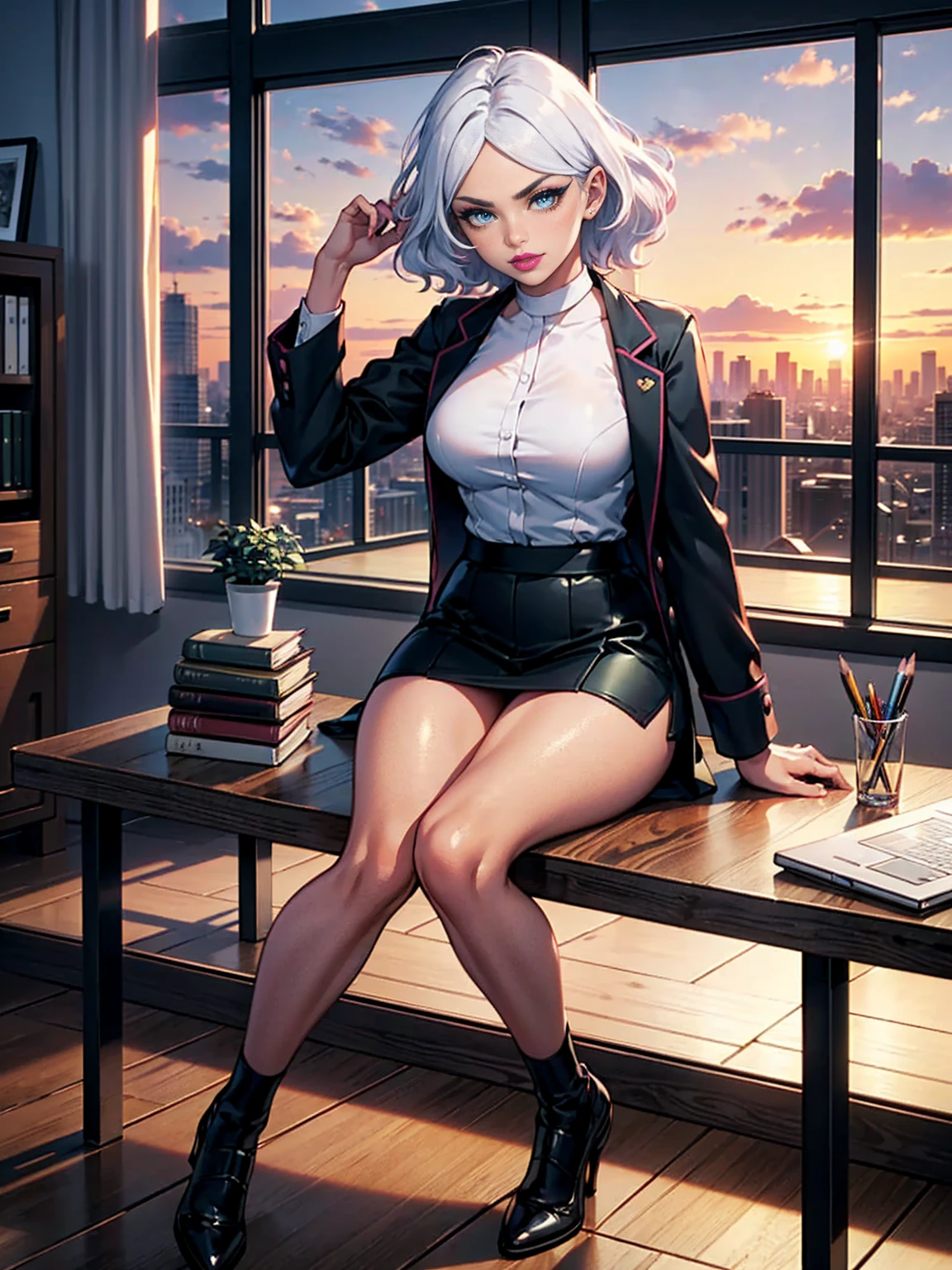 ((1girl, solo ,alone, shor hair, white hair, green eyes, small breasts, dark, tanned skin, fitness)), ((solo, (1woman, pink lipstick), Extremely detailed, ambient soft lighting, 4k, perfect eyes, a perfect face, perfect lighting, a 1girl)), austere, ((officelady, (businesswoman, sitting on the table) (Black suit, Black tight skirt), White shirt, dress shirt, Black tights, Office, lana, Beautiful woman, gazing at viewer, Looking here, hight resolution, top-quality, full body, animations, illustratio, office, penthouse, executive room, large window, landscape of a metropolis, sunset, clouds)), documents, books, table, shelves, pencil holder, computer