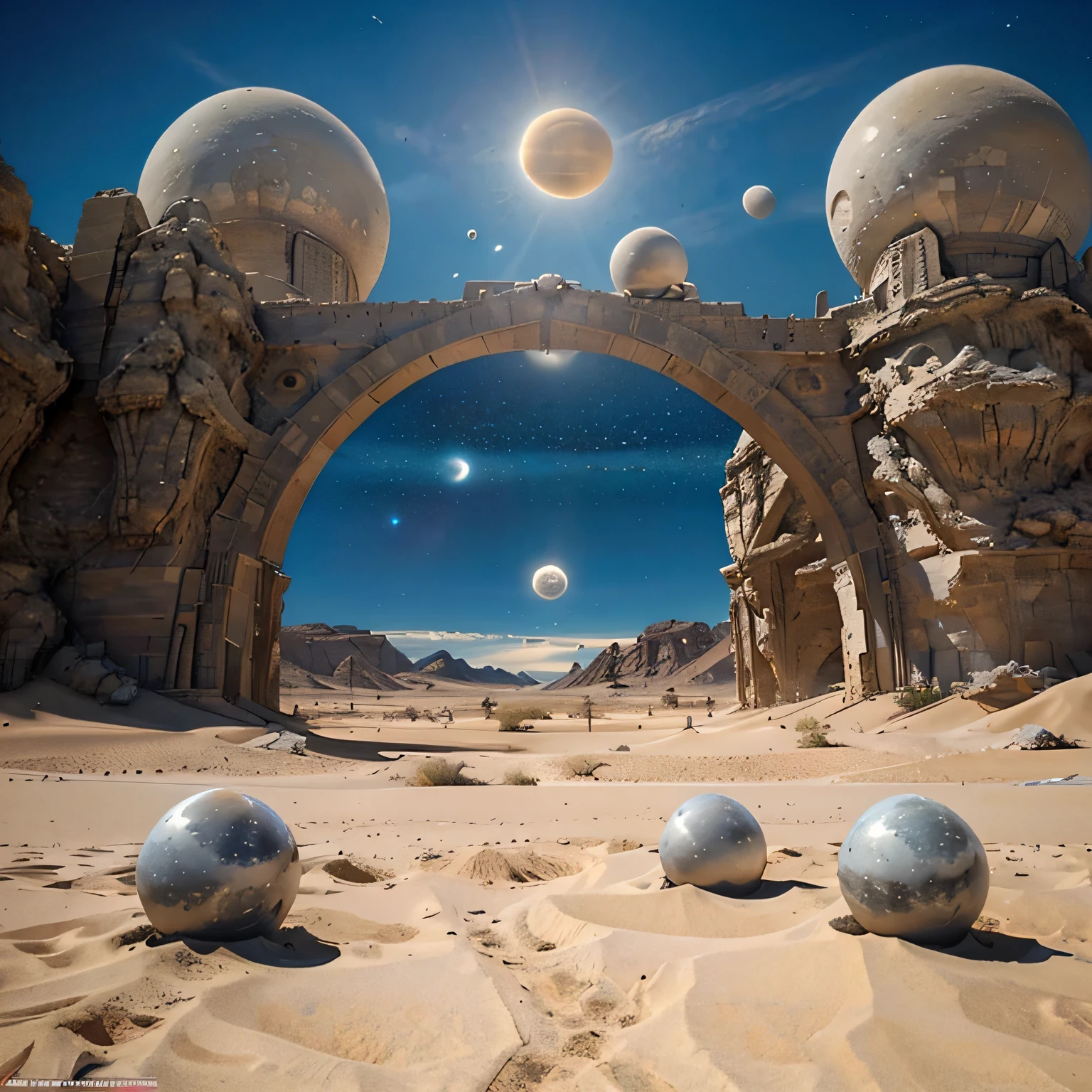 8k masterpiece, ((scene with daylight)), ((soft light)) it is daytime on a totally desert planet and we see the sky with two moons and full of large spaceships with complex structures, celestial landscape, stars and nebulae
