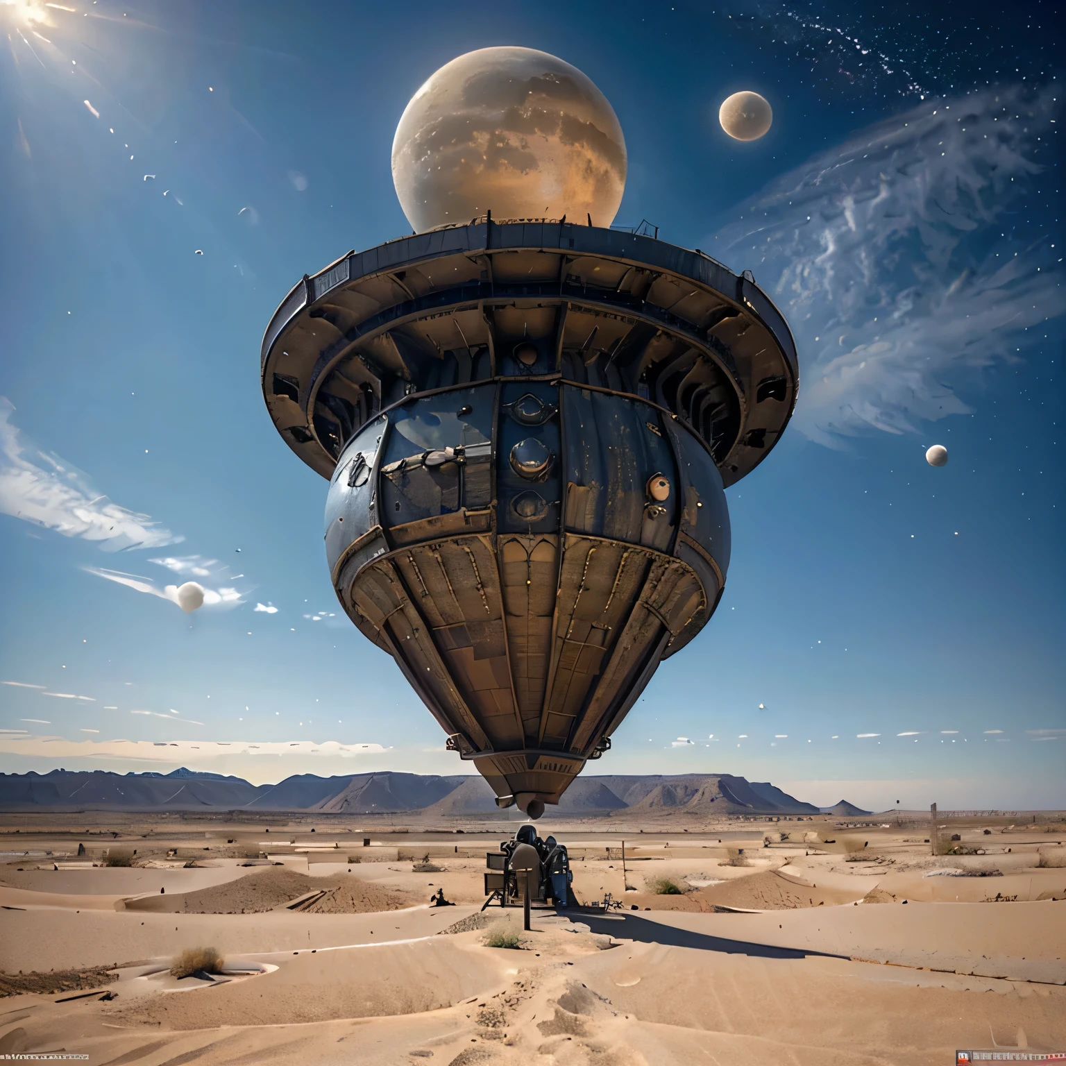 8k masterpiece, ((scene with daylight)), ((soft light)) it is daytime on a totally desert planet and we see the sky with two moons and full of large spaceships with complex structures, celestial landscape, stars and nebulae
