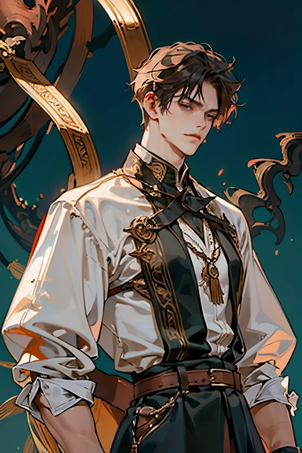 (best quality,adult,1 man,mature,very tall,elegant and fuerte, muy musculoso y fuerte, short crimson hair,dark black eyes,bohemian-style medieval clothing,fantasy medieval background,soft lighting,scholarly)