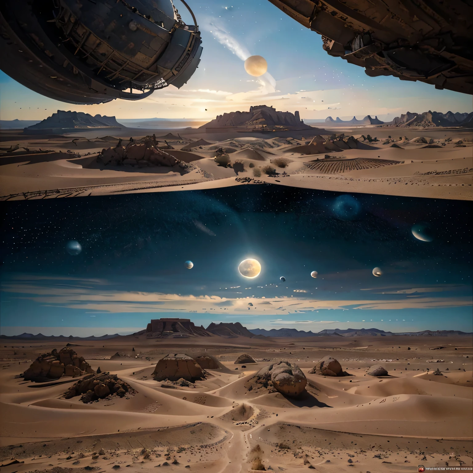 8k masterpiece, ((scene with daylight)), ((soft light)) it is daytime on a totally desert planet and we see the sky with two moons and full of large spaceships with complex structures, celestial landscape, stars and nebulae
