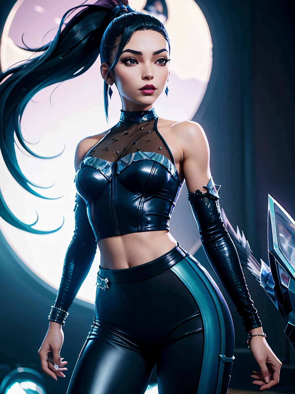 1girl, 3d, afterimage, bare shoulders, black hair, breasts, clothes pull, cowboy shot, detached sleeves, facing viewer, head out of frame, k/da (league of legends), lips, long hair, medium breasts, midriff, navel, pants, pants pull, ponytail, solo, tight clothes, tight pants