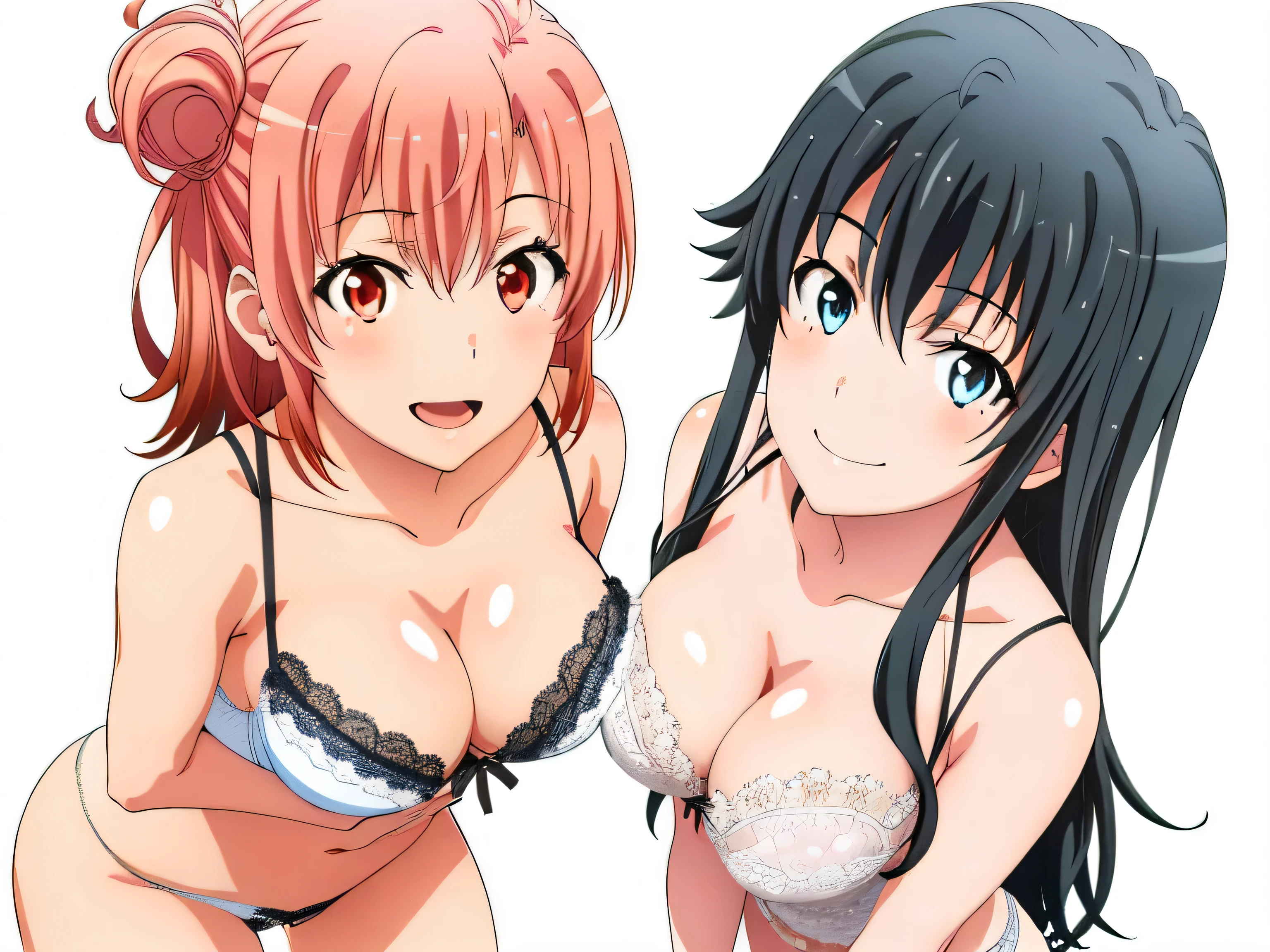 ((2 girls:1.0)), (Yuigahama Yui shapely breasts),(Yukinoshita Yukino),pin up,white ruffle underwear,white lace underwear,(Beautiful panties),thighs ,front,looking at camera,(high angle),smile,Panoramic view of the head,beautiful eyes