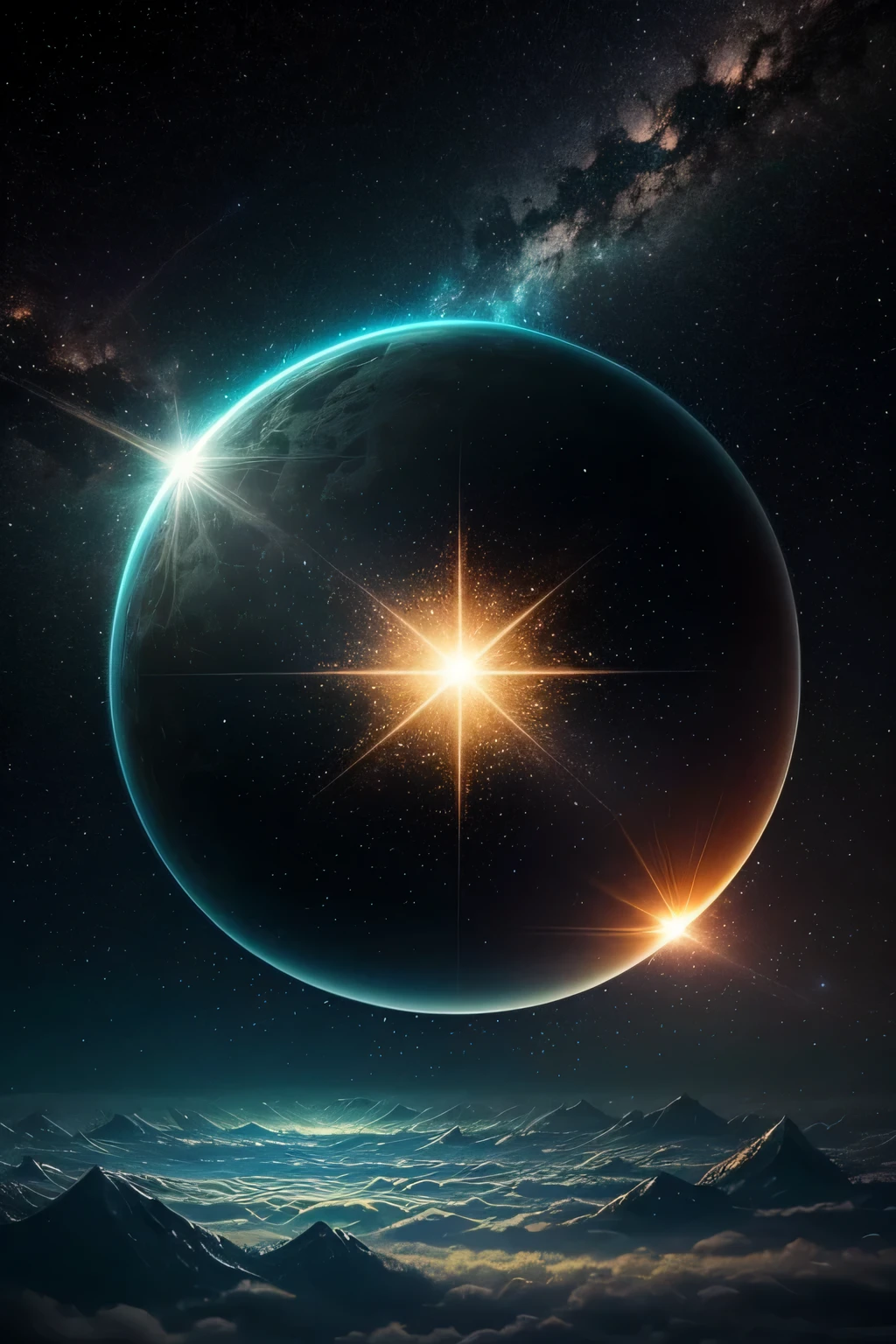 A giant mirror sphere floating in space, enshrouded in flickering lights, depicting a sad hamster beholding the scenic view of heaven-like green fields surrounded by towering high mountains and scattered clouds with a horizon at 1.3. The particles suspended in the air created an ethereal glow, enhancing the divine ambiance of the scene. God rays cascaded from the edges of the orb, infusing the scene with an aura of sacredness and enlightenment. Intricate fractals adorned the surface of the sphere, offering a detailed illustration of the beauty and complexity of the universe. This masterpiece, rendered in high resolution and best quality, offered a capt