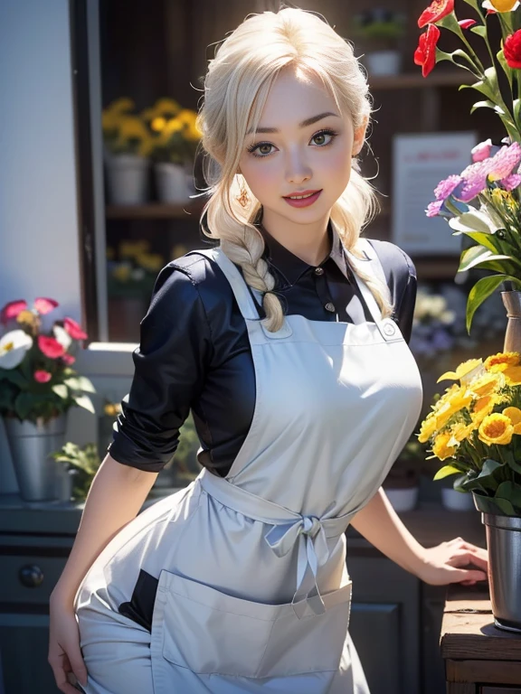 (best quality, 8k, highres, photorealistic:2.0), (solo, one girl:2.0),(lighting: front),(lighting: strong),(ultimate beautiful girl:2.0),(shiny skin),(oily skin),(platinum blonde hair:1.3),(girl tying hair:2.0),(american beauty:2.0),Blush brown makeup , dark eye makeup , use pink glossy lipstick,(big beady eyes girl:1.5),(thin girl:1.5),(baby face girl),(sex appeal:1.7),(sweet smelling girl),(Photographed at a small flower shop in town:1.5),(Part-time girl working at a flower shop:1.5),(She is wearing a flower shop apron:1.5),(popular flower shop clerk),(she works for low wages:1.5),(she has a nice smile),(her body has charming curves),(she is very sociable and slutty),(She is the flower shop poster girl),(A girl who often speaks dirty jokes),(she looks so erotic),(from a very poor family),(A girl who loves growing flowers),(she hides very big breasts under her clothes),(She is a secret pervert.),(she covertly lewd)