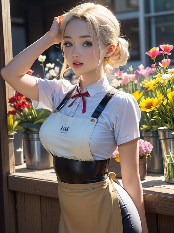 (best quality, 8k, highres, photorealistic:2.0), (solo, one girl:2.0),(lighting: front),(lighting: strong),(ultimate beautiful girl:2.0),(shiny skin),(oily skin),(platinum blonde hair:1.3),(girl tying hair:2.0),(american beauty:2.0),Blush brown makeup , dark eye makeup , use pink glossy lipstick,(big beady eyes girl:1.5),(thin girl:1.5),(baby face girl),(sex appeal:1.7),(sweet smelling girl),(Photographed at a small flower shop in town:1.5),(Part-time girl working at a flower shop:1.5),(She is wearing a flower shop apron:1.5),(popular flower shop clerk),(she works for low wages:1.5),(she has a nice smile),(her body has charming curves),(she is very sociable and slutty),(She is the flower shop poster girl),(A girl who often speaks dirty jokes),(she looks so erotic),(from a very poor family),(A girl who loves growing flowers),(she hides very big breasts under her clothes),(She is a secret pervert.),(she covertly lewd)