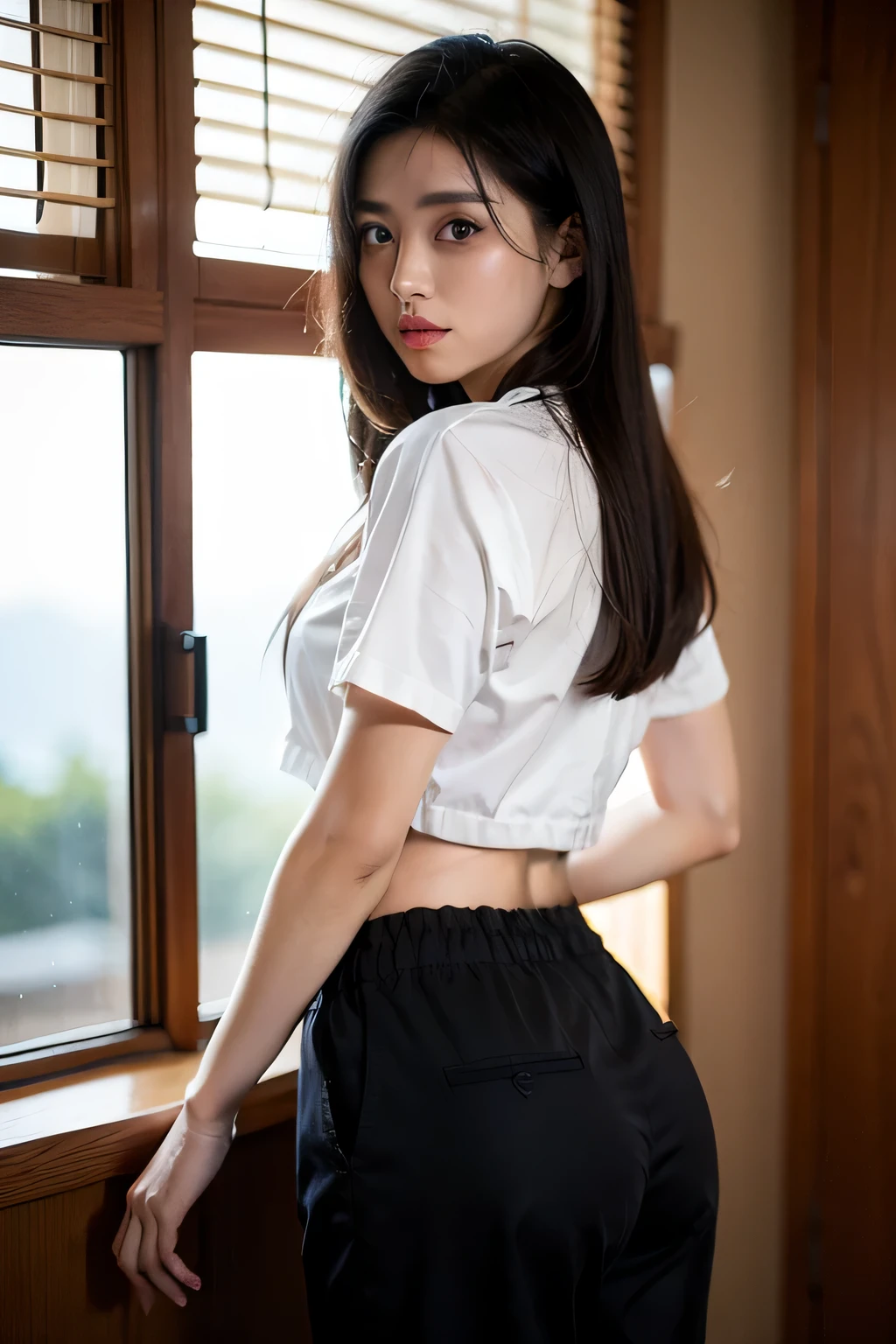 woman,H cup,beautiful woman,Sailor uniform pants fully visible,black hair , captivating gaze, chuckle,Japanese,Fuji Mountain,I can clearly see your butt,surrealism, high detail, cinematic lighting, ray tracing, Angle of view, eye level shot, hyper hd, masterpiece, rough skin, 4k, highest quality