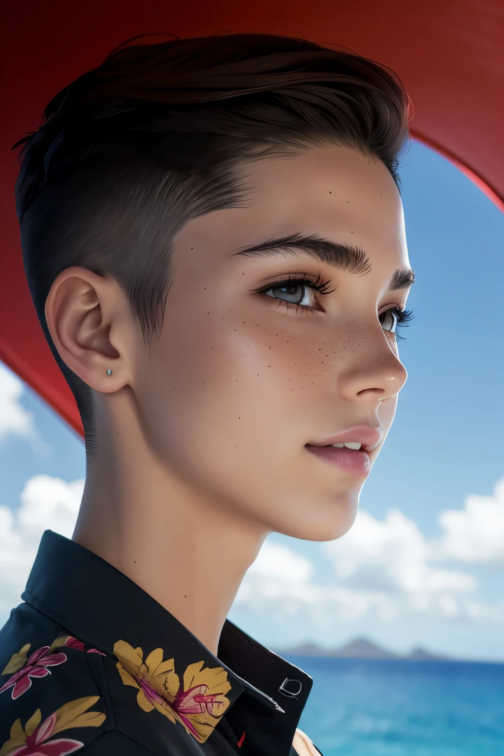 A happy young woman with an undercut. Very androgynous looking. In a good mood. Sympathic. Tomboyish. Androgynous. Slim body. Very . Very small breasts. Wide hips. Thick legs. Face: Extremly pale skin with liverspots and freckles. Soft narrow face with a round chin. Soft small jaw. Big forehead. Very thin barely visible eyebrows. Upturned big dark-brown eyes. Dark-brown eyecolour. Very long and wide nose. Big curved lips. Very short dark-brown hair. A boyish short haircut. Undercut. Sides shaved. Hawaiian Shirt. Shorts. Background: Happy colourfull vessel on the ocean. Blue sky.