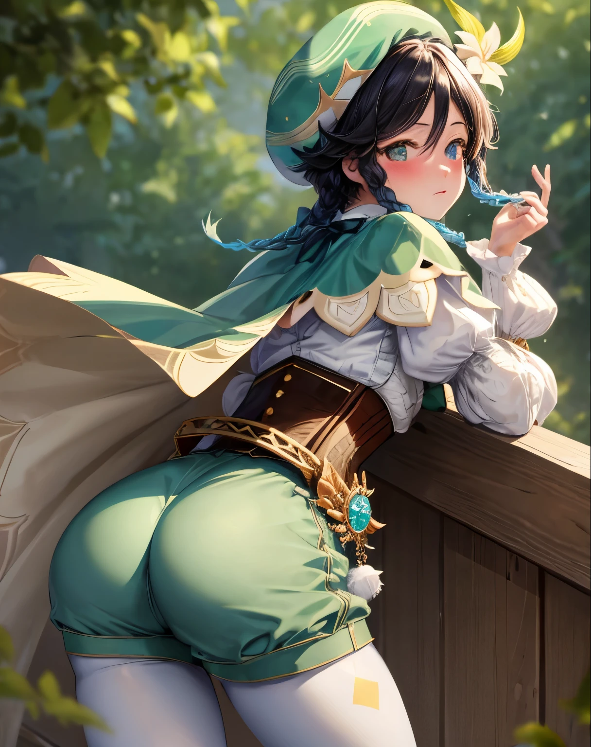 Masterpiece, Best Quality, Ventidef, beret, hat flower, white shirt, bow, long sleeves, frilled sleeves, corset, cape, green shorts, white pantyhose, Jewelry, brooch, bar, Blushing, lean, Back, behind, Shows ass, butt