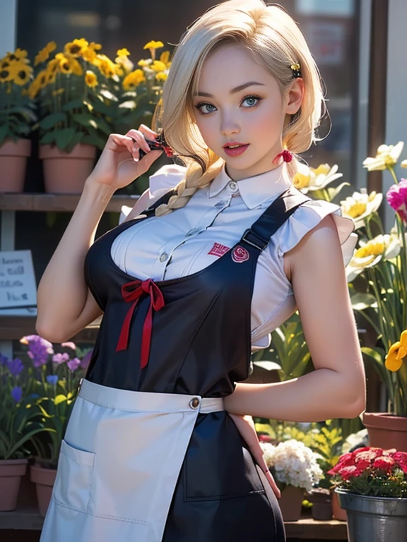 (best quality, 8k, highres, photorealistic:2.0), (solo, one girl:2.0),(lighting: front),(lighting: strong),(ultimate beautiful girl:2.0),(shiny skin),(oily skin),(platinum blonde hair:1.3),(girl tying hair:2.0),(american beauty:2.0),Blush brown makeup , dark eye makeup , use pink glossy lipstick,(big beady eyes girl:1.5),(thin girl:1.5),(baby face girl),( appeal:1.7),(sweet smelling girl),(Photographed at a small flower shop in town:1.5),(Part-time girl working at a flower shop:1.5),(She is wearing a flower shop apron:1.5),(popular flower shop clerk),(she works for low wages:1.5),(she has a nice smile),(her body has charming curves),(she is very sociable and slutty),(She is the flower shop poster girl),(A girl who often speaks dirty jokes),(she looks so ),(from a very poor family),(A girl who loves growing flowers),(she hides very big breasts under her clothes),(She is a secret pervert.),(she covertly )