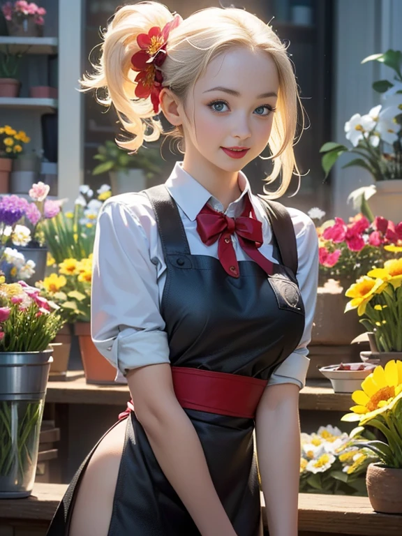 (best quality, 8k, highres, photorealistic:2.0), (solo, one girl:2.0),(lighting: front),(lighting: strong),(ultimate beautiful girl:2.0),(shiny skin),(oily skin),(platinum blonde hair:1.3),(girl tying hair:2.0),(american beauty:2.0),Blush brown makeup , dark eye makeup , use pink glossy lipstick,(big beady eyes girl:1.5),(thin girl:1.5),(baby face girl),(sex appeal:1.7),(sweet smelling girl),(Photographed at a small flower shop in town:1.5),(Part-time girl working at a flower shop:1.5),(She is wearing a flower shop apron:1.5),(popular flower shop clerk),(she works for low wages:1.5),(she has a nice smile),(her body has charming curves),(she is very sociable and slutty),(She is the flower shop poster girl),(A girl who often speaks dirty jokes),(she looks so erotic),(from a very poor family),(A girl who loves growing flowers),(she hides very big breasts under her clothes),(She is a secret pervert.),(she covertly lewd)