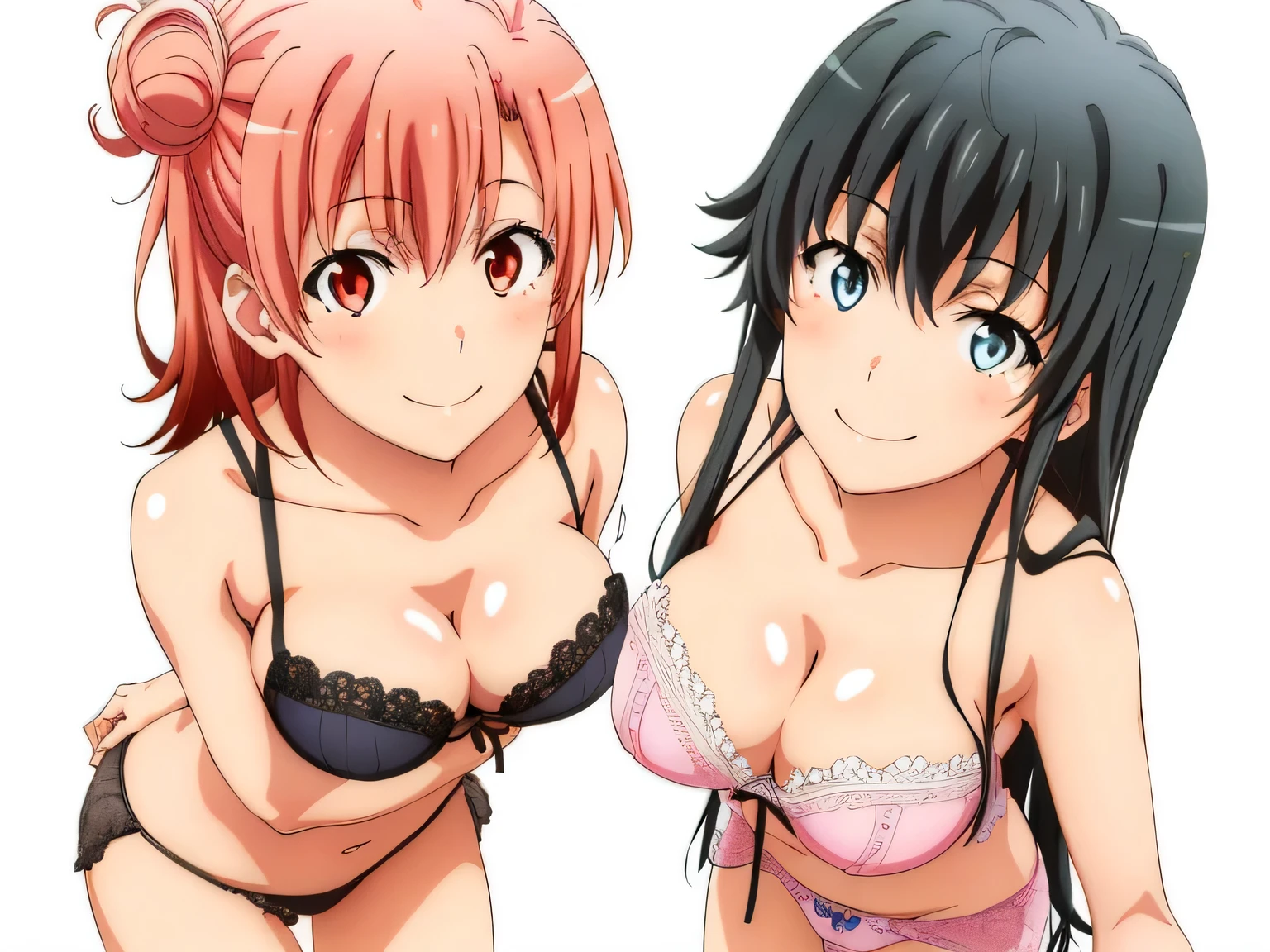 ((2 girls:1.0)), (Yuigahama Yui shapely breasts),(Yukinoshita Yukino),pin up,In underwear,white lace panties,pink lace panties,ribbon on panties,thighs ,front,looking at camera,(high angle),smile,Panoramic view of the head,beautiful eyes