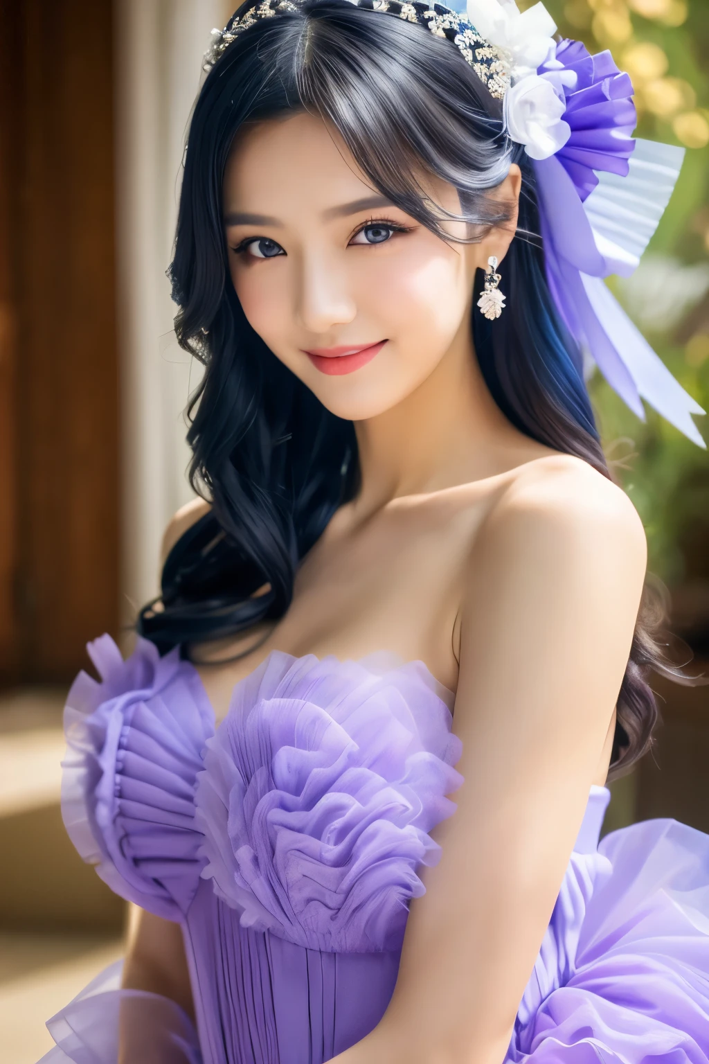 korean,realistic, masterpiece, final detail, photo realistic, intricate detail, octane rendering, 8K, 1Girl, full bodyperfect face, beautiful face, NSWF, trough reference, detail hair,, black bow, black gloves, black legs, blue eyes, blue hair, bow, collarbone, dress, drill hair, ruffles, ruffles, gloves, gwen, headdress, highres, long hair, parted lips, puffy sleeves, purple eyes, smile, solo, white dress, oil skin,