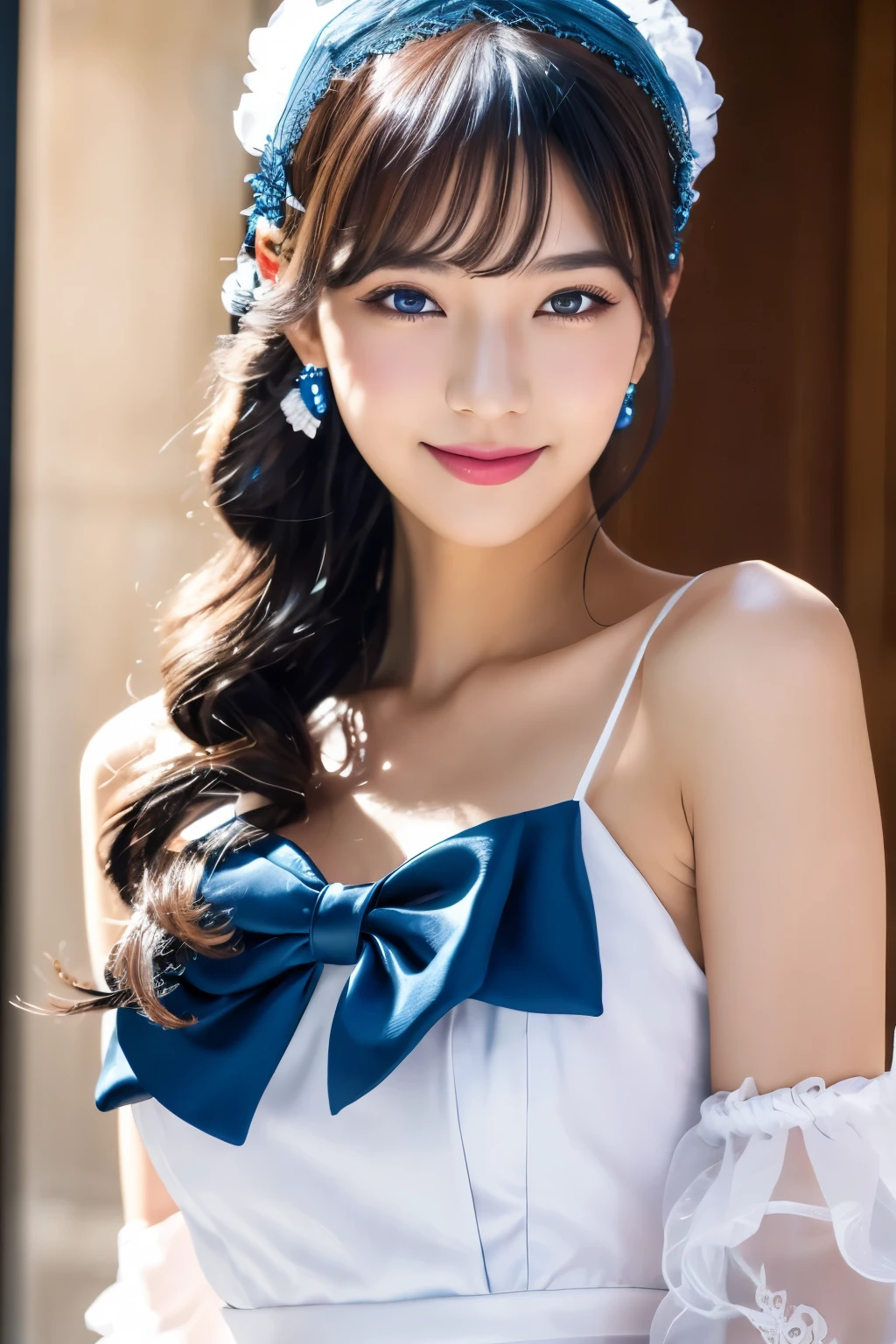 korean,realistic, masterpiece, final detail, photo realistic, intricate detail, octane rendering, 8K, 1Girl, full bodyperfect face, beautiful face, NSWF, trough reference, detail hair,, black bow, black gloves, black legs, blue eyes, blue hair, bow, collarbone, dress, drill hair, ruffles, ruffles, gloves, gwen, headdress, highres, long hair, parted lips, puffy sleeves, purple eyes, smile, solo, white dress, oil skin,