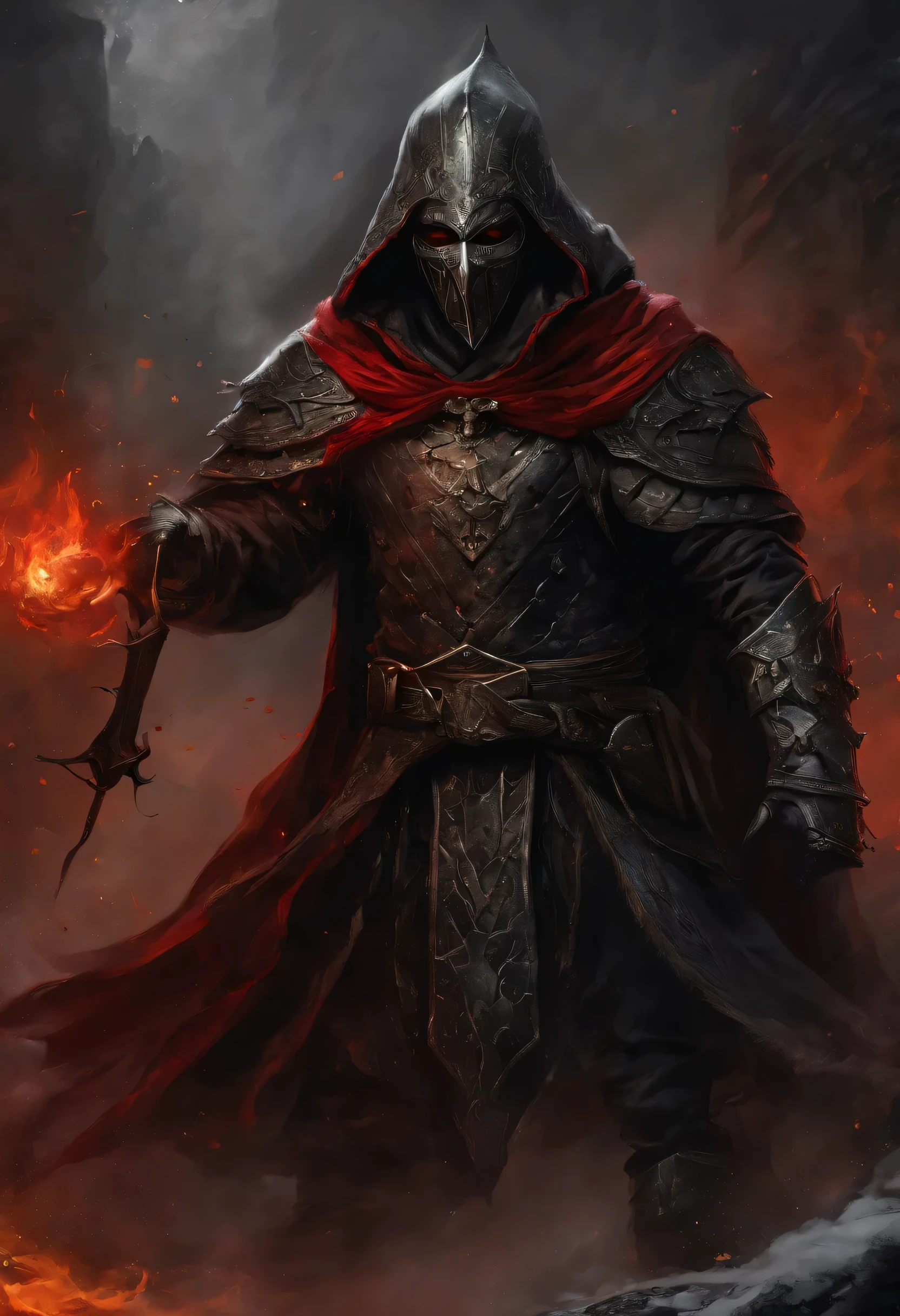 (ultra-detailed CG unit 8k wallpaper, Master parts, Best quality, depth of fields, hdr, complex), Tall, The sinister Dark Assassin wears a metal mask，Bright red eyes，Light and dark armor，Behind him he wears a low-key red cloak，Holding a sharp dagger in his arms，Step into the burning village, (complex: 1.4) (Master parts: 1.4) (illustration: 1.4), Red studio lighting, Post-processing, 8K resolution, deep dark background, imponent, Well-composed photos, Impressive, dark fantacy (director: greg rutkovsky: 1.2), (darken: 1.5)