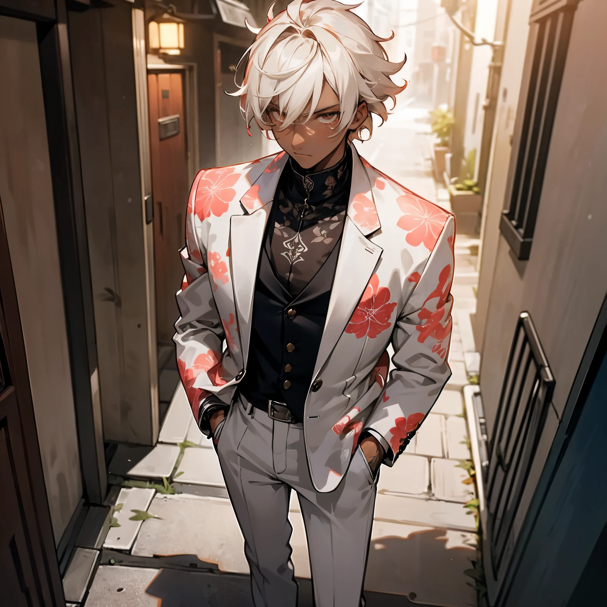 1male, young adult, dark skin, finely detailed coral eyes, short messy hair, two tone hair, floral white ombré hair color, undercut, long sleeve turtleneck, suit jacket, hands in pockets, walking down alley, night, somber expression, village, serious, tattoos