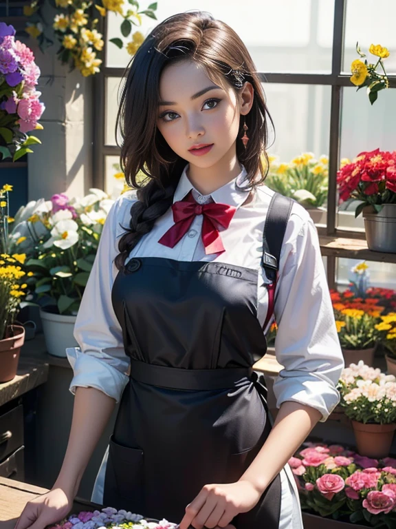 (best quality, 8k, highres, photorealistic:2.0), (solo, one girl:2.0),(lighting: front),(lighting: strong),(ultimate beautiful girl:2.0),(shiny skin),(oily skin),(light brown hair:1.3),(girl tying hair:2.0),(american beauty:2.0),Blush brown makeup , dark eye makeup , use pink glossy lipstick,(big beady eyes girl:1.5),(thin girl:1.5),(baby face girl),(sex appeal:1.7),(sweet smelling girl),(Photographed at a small flower shop in town:1.5),(Part-time girl working at a flower shop:1.5),(She is wearing a flower shop apron:1.5),(popular flower shop clerk),(she works for low wages:1.5),(she has a nice smile),(her body has charming curves),(she is very sociable and slutty),(She is the flower shop poster girl),(A girl who often speaks dirty jokes),(she looks so erotic),(from a very poor family),(A girl who loves growing flowers),(she hides very big breasts under her clothes),(She is a secret pervert.),(she covertly lewd)