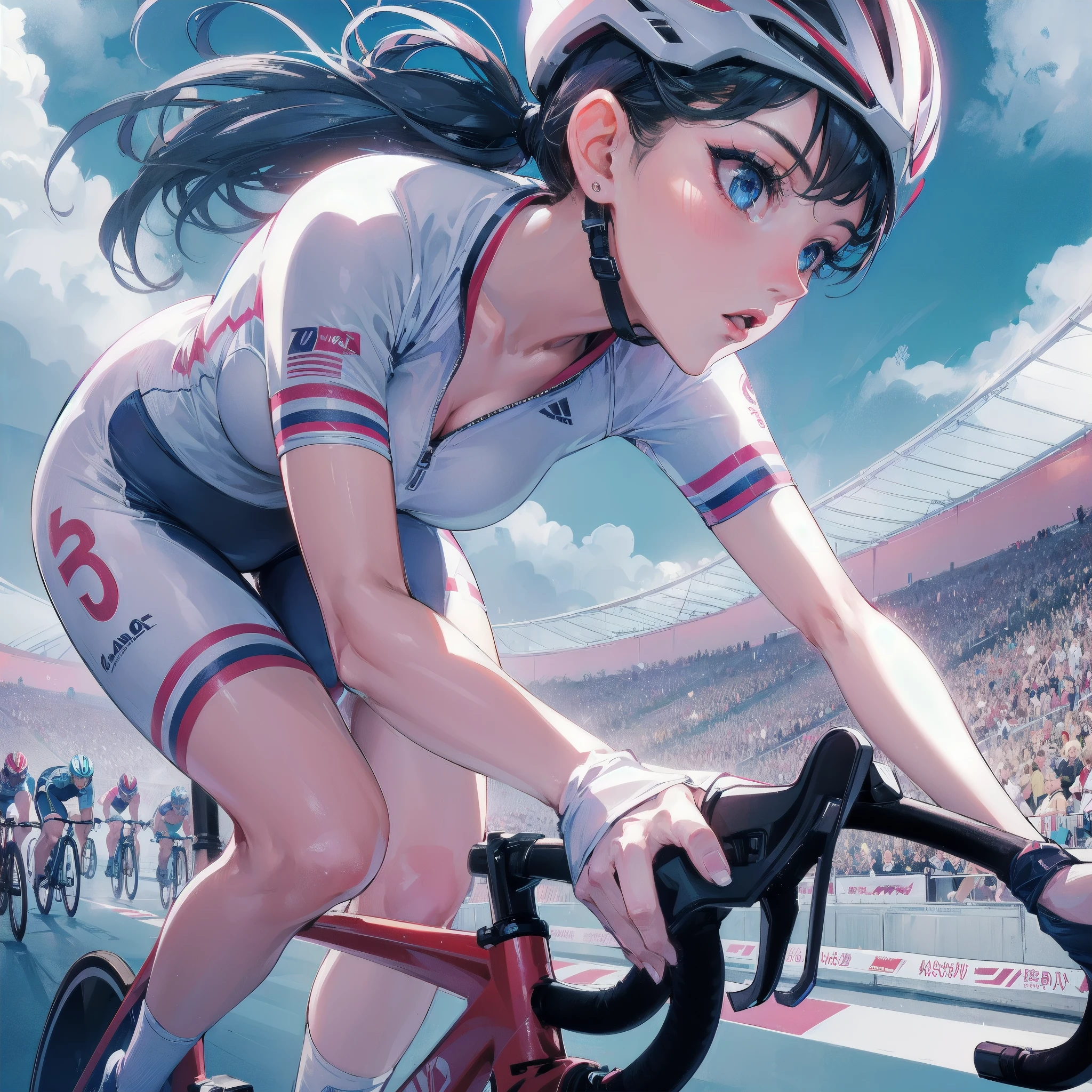 high quality,HD,16k,sharp lines,1 girl,Female cycling athlete ,cute face, large breasts, nice legs,At the cycling venue,focus girl,detailed beautiful face,detailed clothes,beautiful eyes,cool,dynamic angle