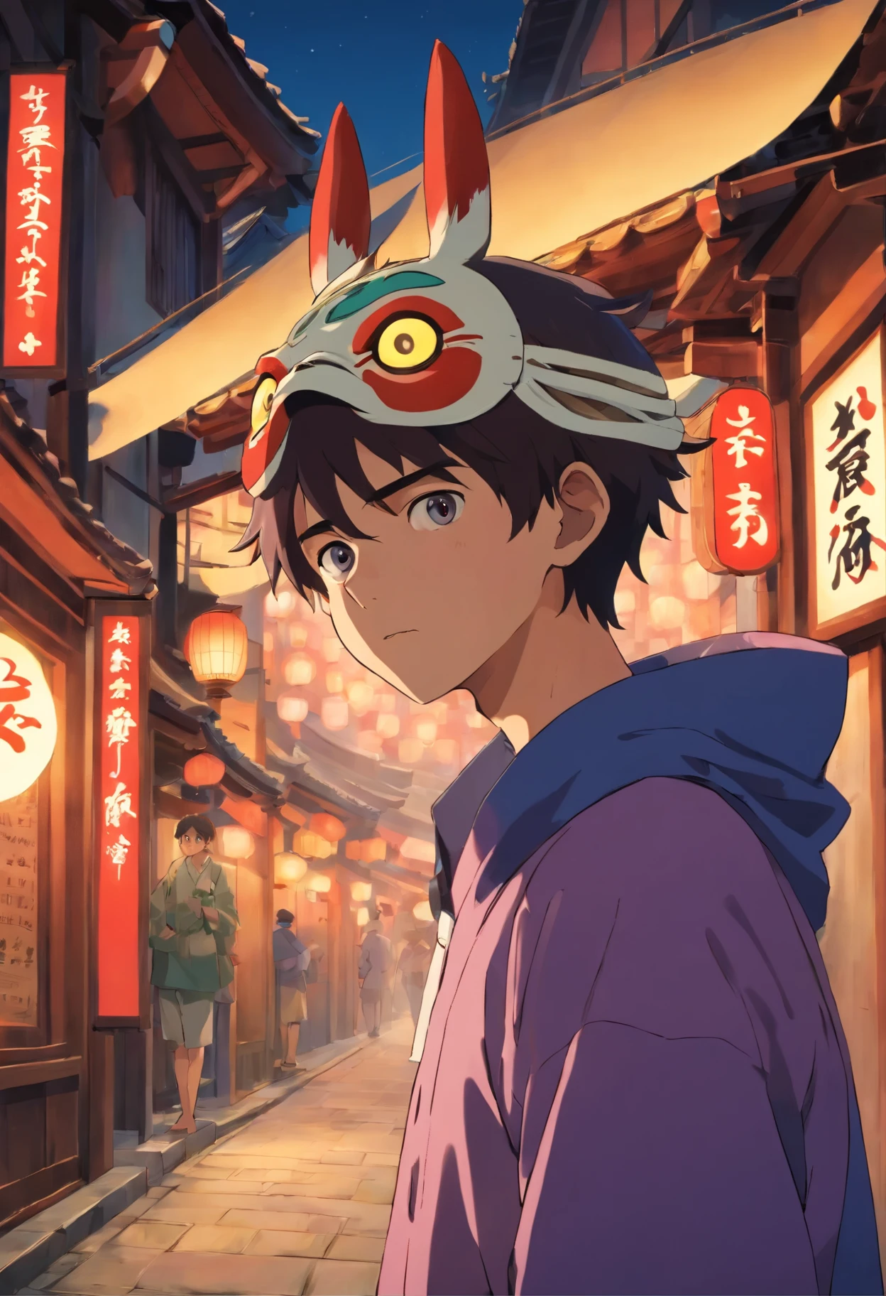 Young man wearing an expressionless japanese mask