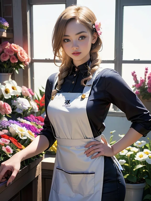 (best quality, 8k, highres, photorealistic:2.0), (solo, one girl:2.0),(lighting: front),(lighting: strong),(ultimate beautiful girl:2.0),(shiny skin),(oily skin),(blonde hair:1.3),(girl tying hair:2.0),(american beauty:2.0),Blush brown makeup , dark eye makeup , use pink glossy lipstick,(big beady eyes girl:1.5),(thin girl:1.5),(baby face girl),(sex appeal:1.7),(sweet smelling girl),(Photographed at a small flower shop in town:1.5),(Part-time girl working at a flower shop:1.5),(She is wearing a flower shop apron:1.5),(popular flower shop clerk),(she works for low wages:1.5),(she has a nice smile),(her body has charming curves),(she is very sociable and slutty),(She is the flower shop poster girl),(A girl who often speaks dirty jokes),(she looks so erotic),(from a very poor family),(A girl who loves growing flowers),(she hides very big breasts under her clothes),(She is a secret pervert.),(she covertly lewd)