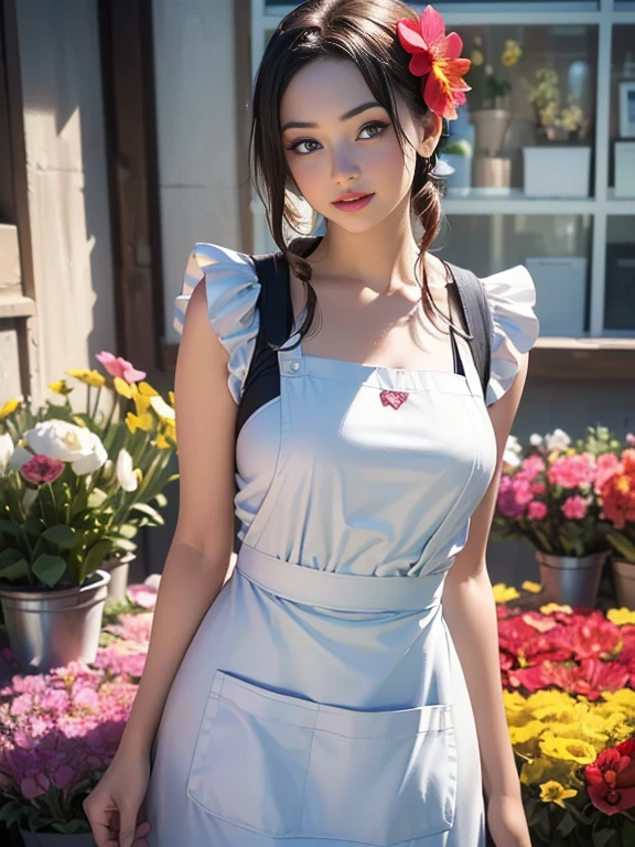 (best quality, 8k, highres, photorealistic:2.0), (solo, one girl:2.0),(lighting: front),(lighting: strong),(ultimate beautiful girl:2.0),(shiny skin),(oily skin),(blonde hair:1.3),(girl tying hair:2.0),(american beauty:2.0),Blush brown makeup , dark eye makeup , use pink glossy lipstick,(big beady eyes girl:1.5),(thin girl:1.5),(baby face girl),(sex appeal:1.7),(sweet smelling girl),(Photographed at a small flower shop in town:1.5),(Part-time girl working at a flower shop:1.5),(She is wearing a flower shop apron:1.5),(popular flower shop clerk),(she works for low wages:1.5),(she has a nice smile),(her body has charming curves),(she is very sociable and slutty),(She is the flower shop poster girl),(A girl who often speaks dirty jokes),(she looks so erotic),(from a very poor family),(A girl who loves growing flowers),(she hides very big breasts under her clothes),(She is a secret pervert.),(she covertly lewd)