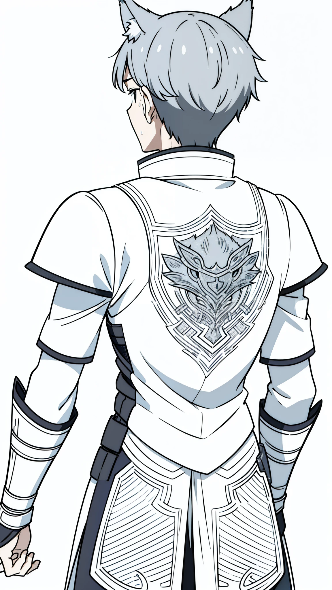 (1boy,13 years old),short hair,solo,simple armor,gray hair,wolf ears,(white background,line drawing),from back,no face,backwards,angry